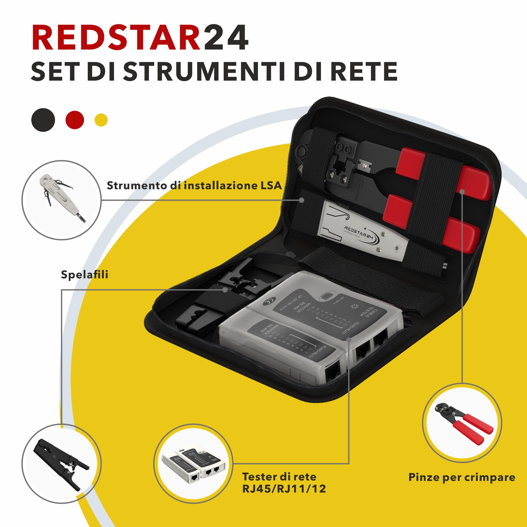 Redstar24 Set di attrezzi di rete 4 in 1 – LSA, pinza crimpatrice RJ45, tester di rete LAN, spelafili per RJ45, RJ11, CAT7, CAT6a e CAT6