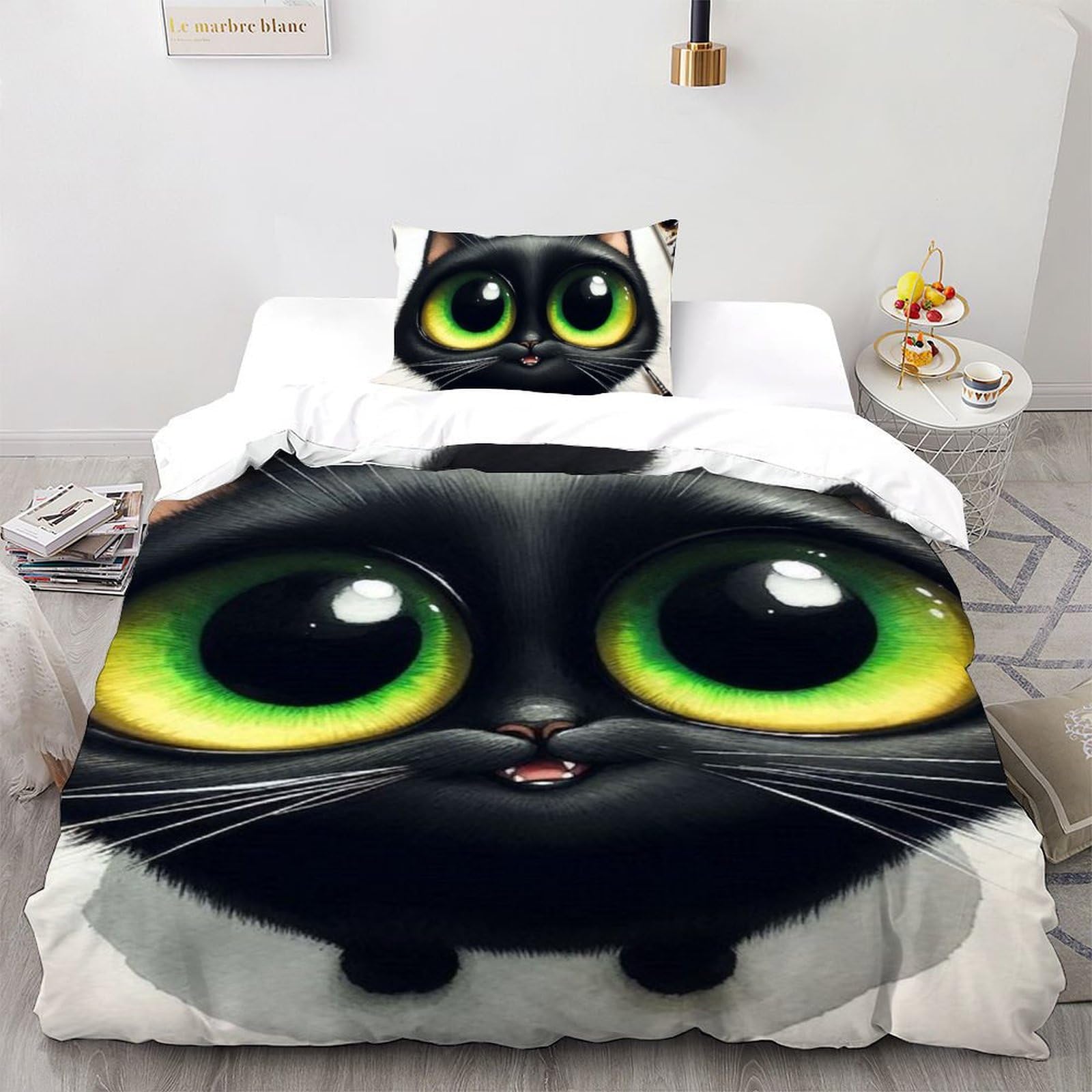 Parure de lit chat noir 3D coton housse de couette 135x200 taie enfant