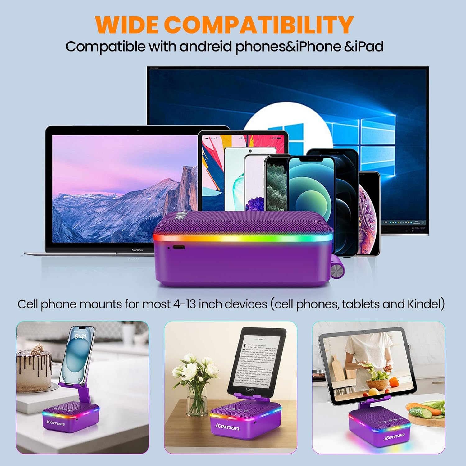 JTEMAN Gifts for Men Women,Cell Phone Stand with Bluetooth Speaker,LED Light,and Lanyard,Cool Tech Gadgets,Unique Birthday Gifts for Men Husband Mom Dad-Purple