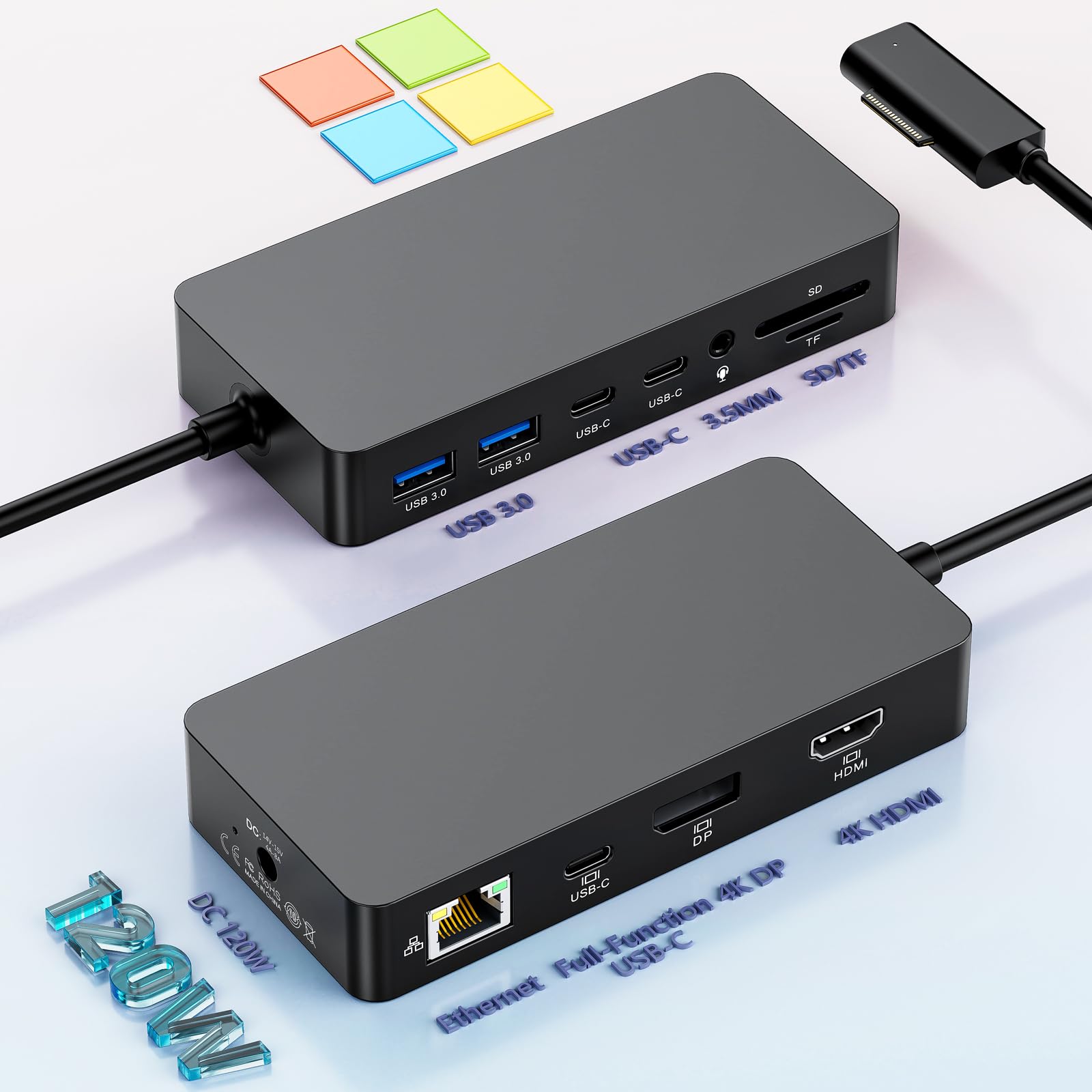Microsoft Surface Dock Triple Displays 4K@60Hz HDMI+ USB C + DP with 120W Power Adapter,Surface Pro Docking Station for Microsoft Surface Pro 12/11/10/9/8/7,Surface Laptop7/6/5/4/Surface Go