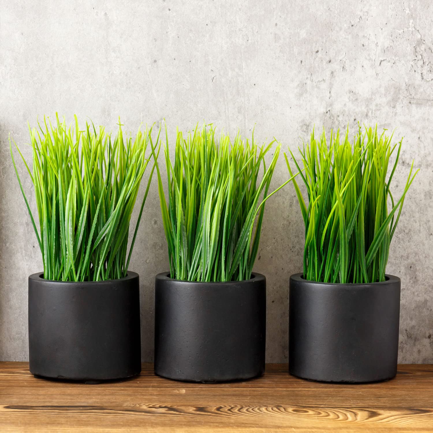 MyGift Mini Tabletop Faux Grass Potted Plants, Decorative Artificial Wheatgrass Plant in Cylindrical Round Black Concrete Planter Pots, Set of 3