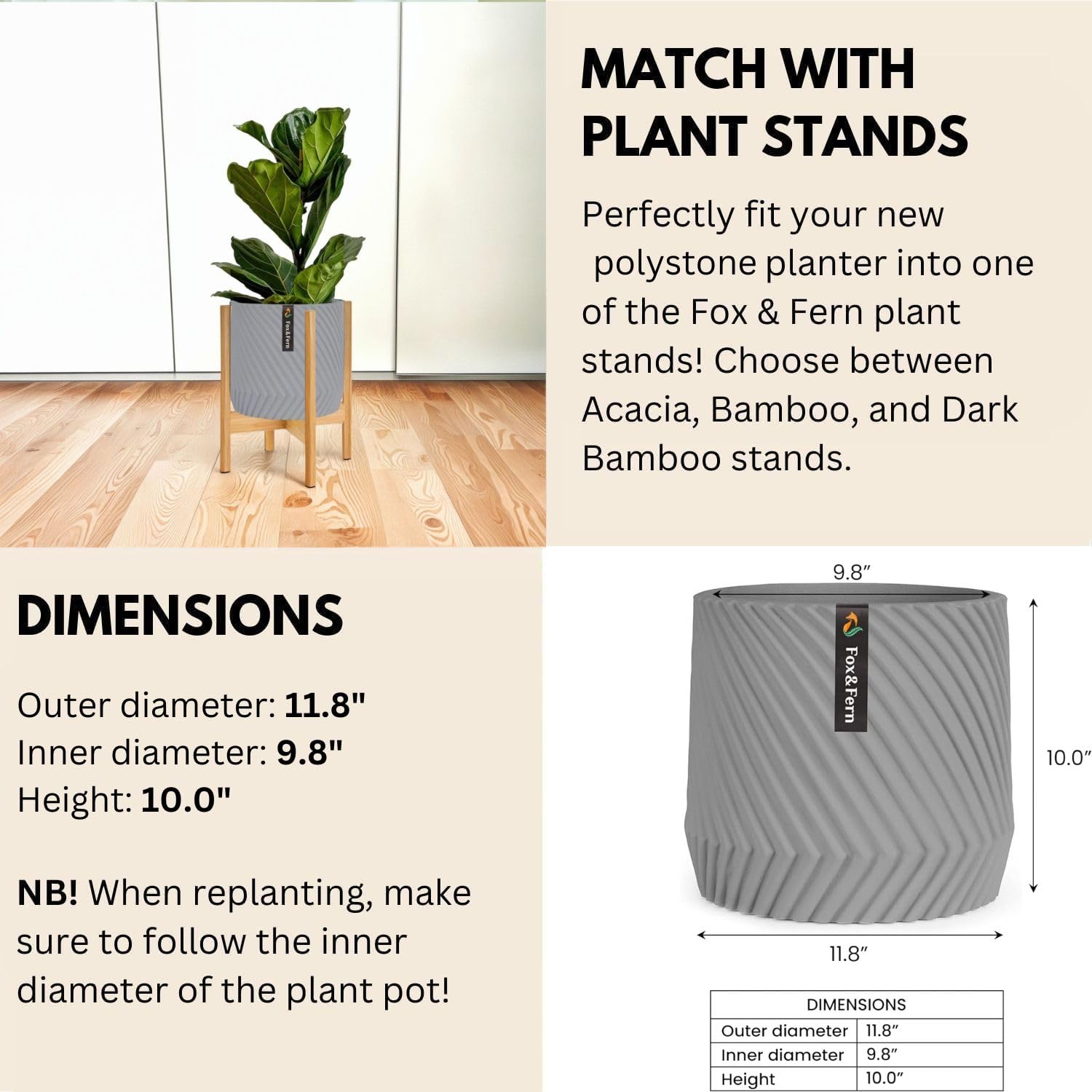 Fox & Fern Plantenpot, Grote Plantenpotten voor Binnen & Buiten, UV & Vorstbestendige Bloempot voor Binnen, Grote Binnenplantenpot voor Huisplanten & Bloemen met Afvoerplug, Polystone Enkele Fox & Fern Plantenpot, Grote Plantenpotten voor Binnen & Buiten, UV & Vorstbestendige Bloempot voor Binnen, Grote Binnenplantenpot voor Huisplanten & Bloemen met Afvoerplug, Polystone Enkele