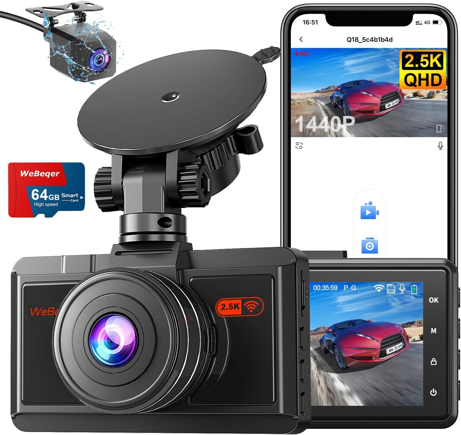 Dashcam, Dash CAM Coche 2.5K+1080P, WiFi Camara Vigilancia Coche con Tarjeta SD 64GB, Camara Coche Grabadora 170° Gran Angular, Visión Nocturn, Sensor G, Monitor de Aparcamiento, Grabación en Bucle