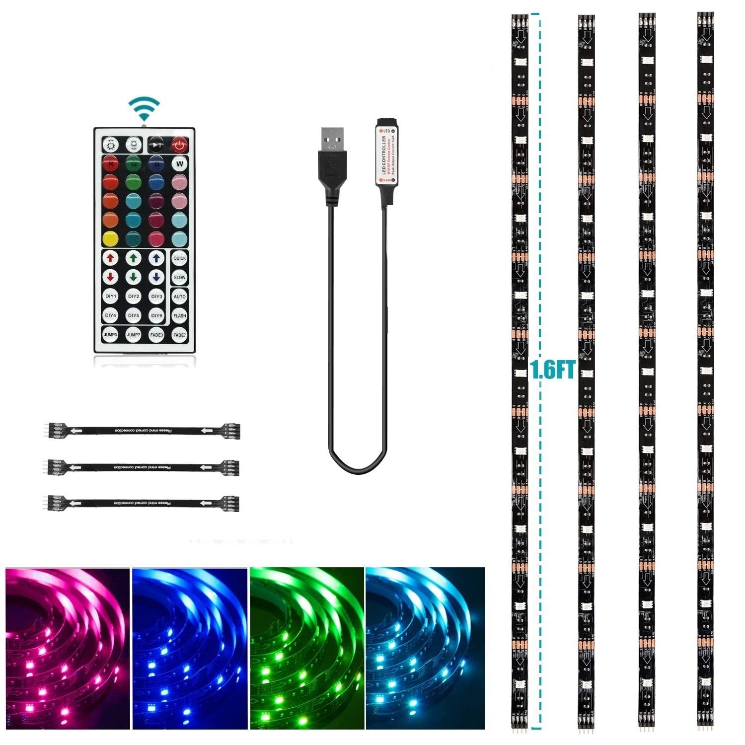 ExceforeUSB LED Strip Lights Kit, 4 Pre-Cut 1.6ft/6.4ft RGB LED Light Strips, Color Changing TV Backlights with Remote, RGB Color Strip Light for TV, PC, Monitor, Home Theater, DIY Decoration