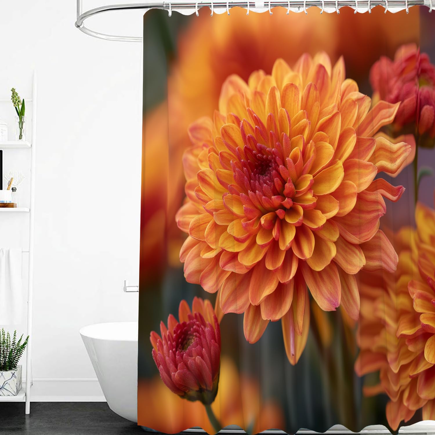 Cortina de Ducha con Estampado de Flores Anaranjadas,Estilo Bohemio,Estilo Granja,con Ganchos de Plástico,Fácil de Instalar y Lavable a Máquina,Para Decoración de Bañeras,240Anx200Alcm (1 Panel)