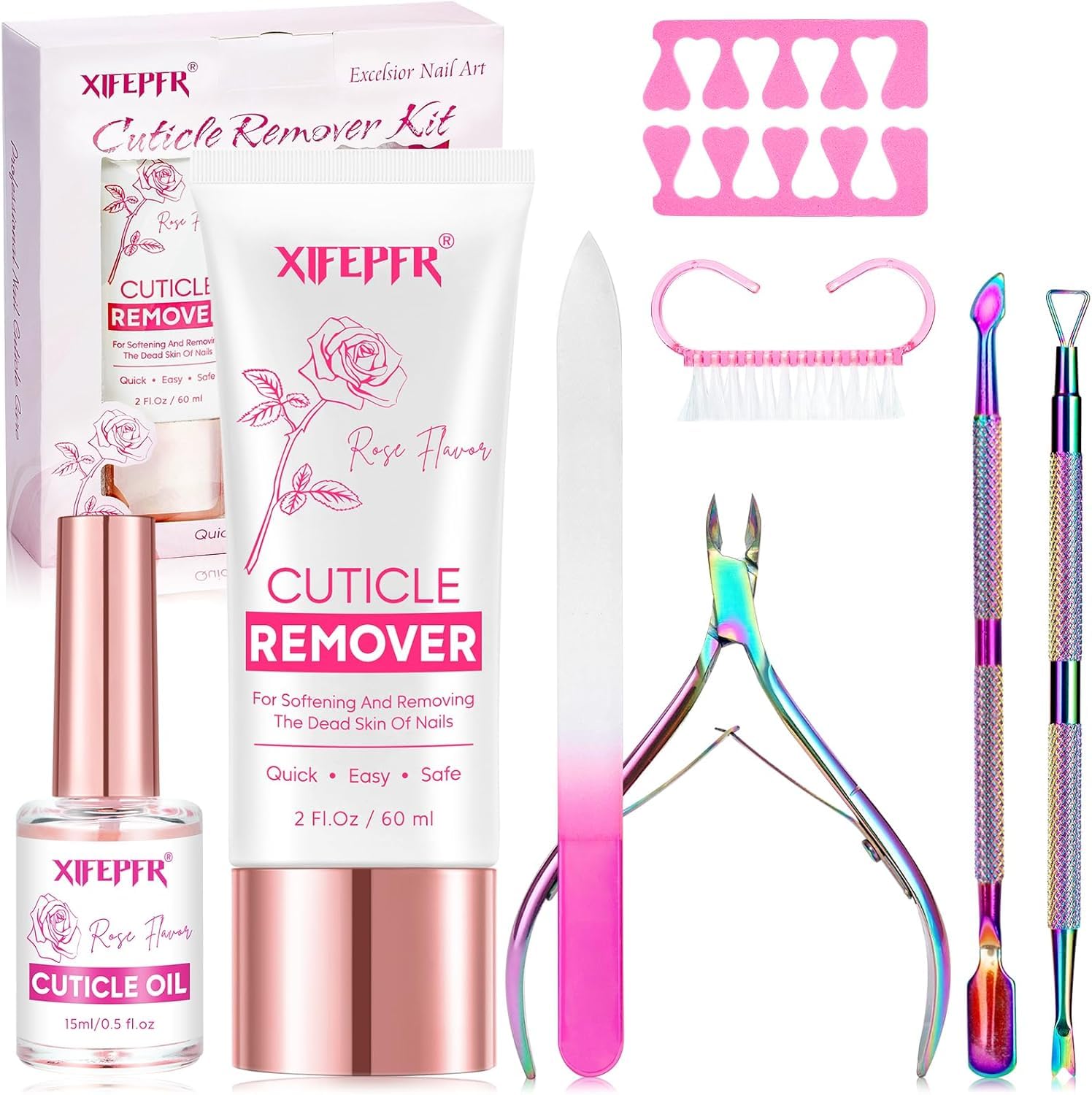 XIFEPFR Kit pour éliminer les cuticules - Crème pour éliminer les cuticules et huile pour les cuticules, kit de soin des cuticules à la rose avec coupe-ongles pour les cuticules, pousse-cuti et pince