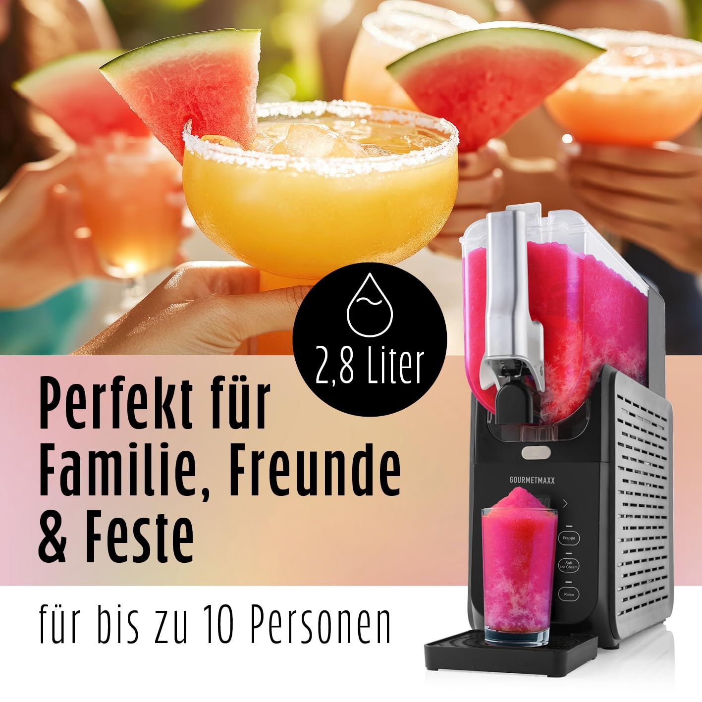 GOURMETmaxx FreezeUp Slush Eis Maschine | Slush Ice Maker mit 5 Modi | Slushmaschine für Slushies, Milchshakes, Softeis etc. | Slush Maker elektrisch – 2,8 L | Eismaschine Slush für bis zu 10 Personen