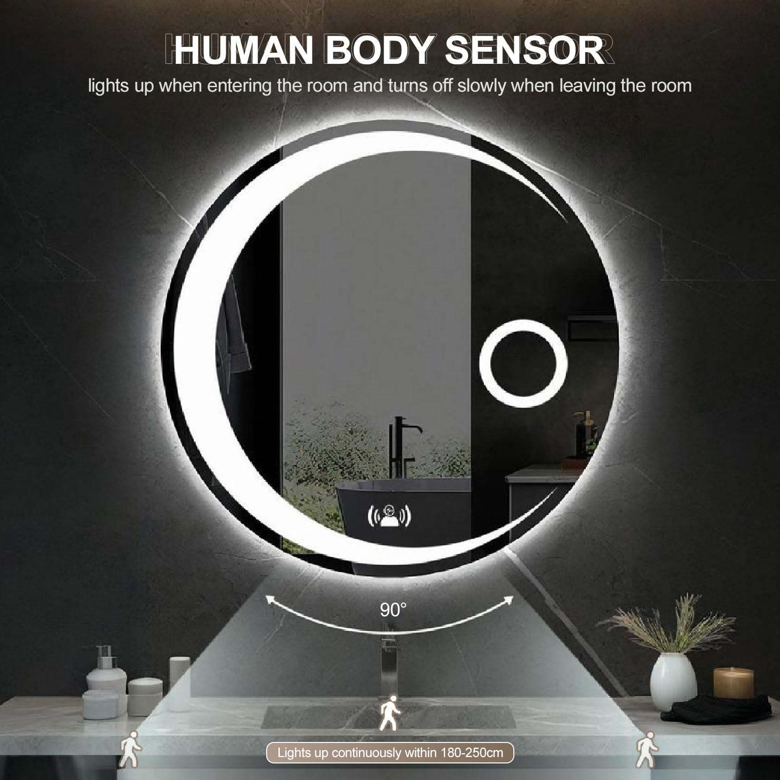 Dimmbarer LED-Badezimmerspiegel, kreisförmig, 27,5 cm, mit Anti-Beschlag-Funktion, 3-farbige Beleuchtung, Smart-Touch-Schalter und Zeitanzeige, perfekt für Schminktisch, Schlafzimmer und