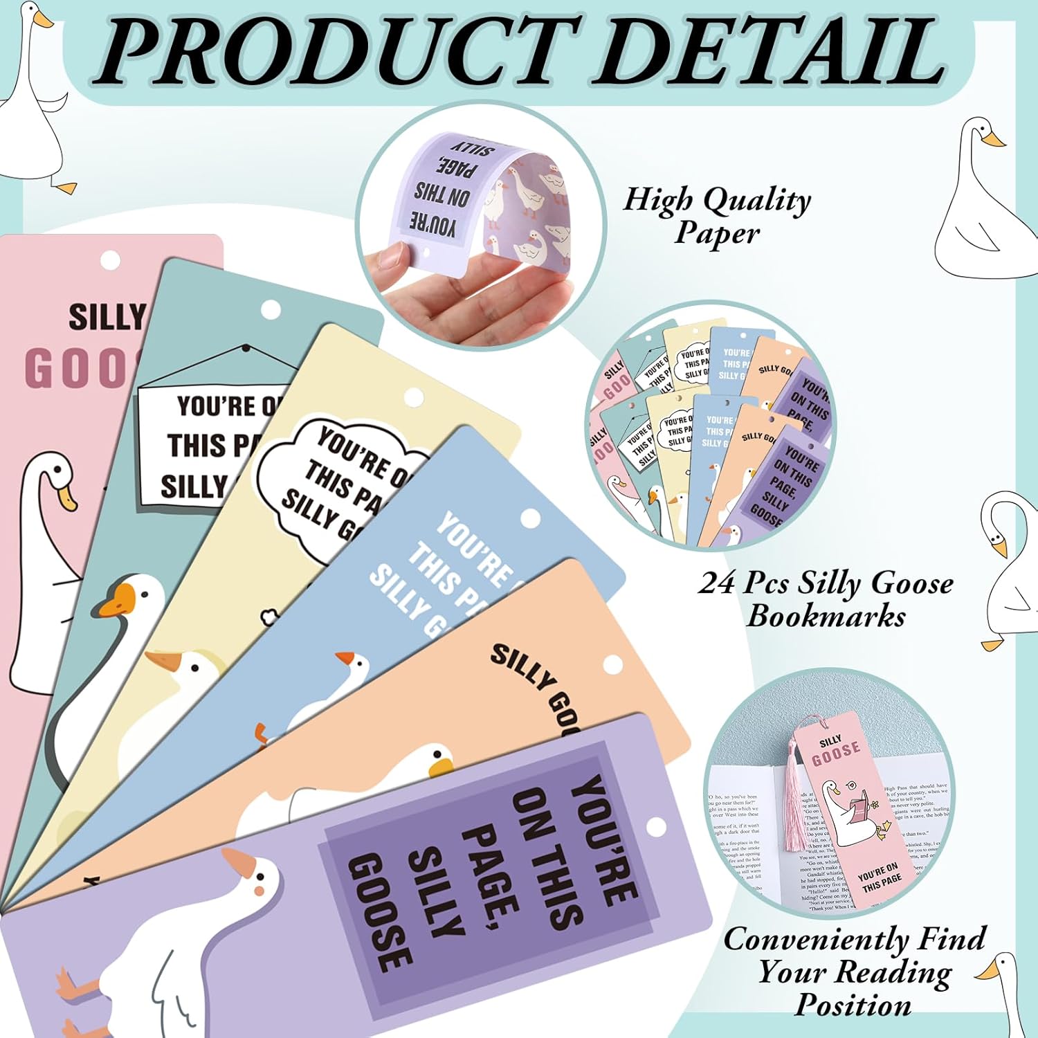 24pcs Silly Goose Bookmarks with Tassels Cute Funny Goose Bookmarks for Women Reading Accessories Bookish Gifts for School Students Book Lovers Club, 6 Styles - Image 3