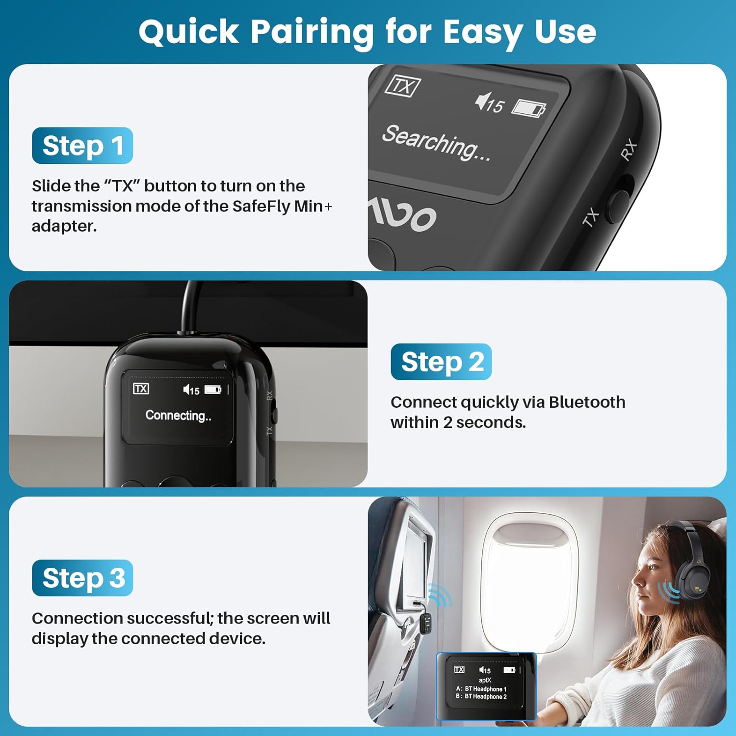 Three-step quick pairing guide for YMOO SafeFly Min+
