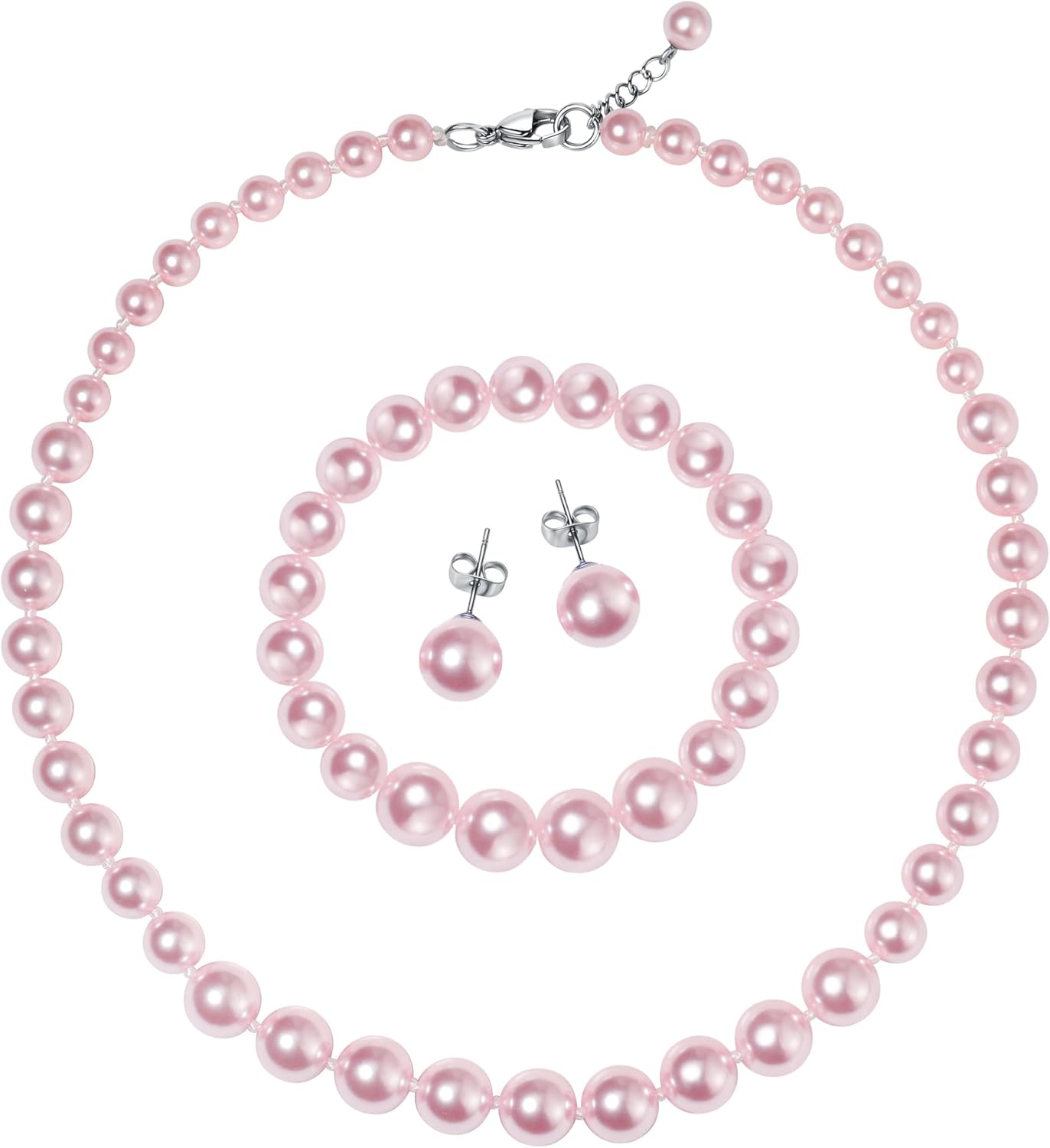 Pearl Jewelry Set for Women – 3-Piece Glass Imitation Pearl Necklace, Bracelet & Stud Earrings Set, Faux Jewelry for Weddings, Parties, and Gifts