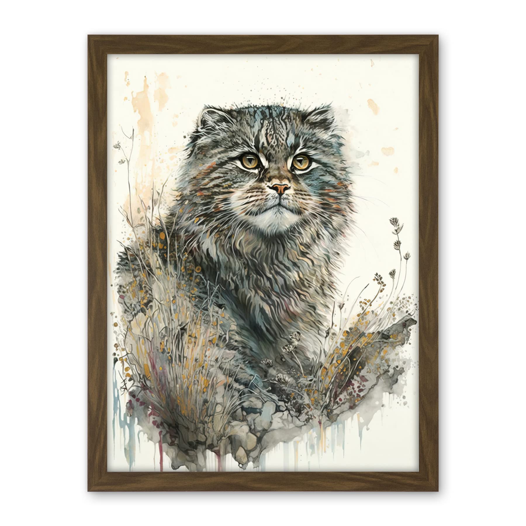 Artery8 Manul Pallas Cat Portrait in Wildflowers Watercolour Illustration Artwork Framed Wall Art Print 18X24 Inch