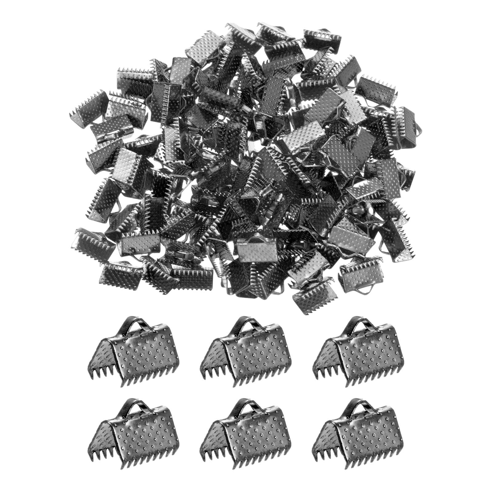 M METERXITY 280-Pack Ribbon Ends with Clamps, 0.4in/10mm Metal Bracelet Bookmark Pinch Crimp Clamp Polka Dots for Jewelry Making/Bracelets/Necklaces/DIY, Pinch Cord End Clasps [Black]