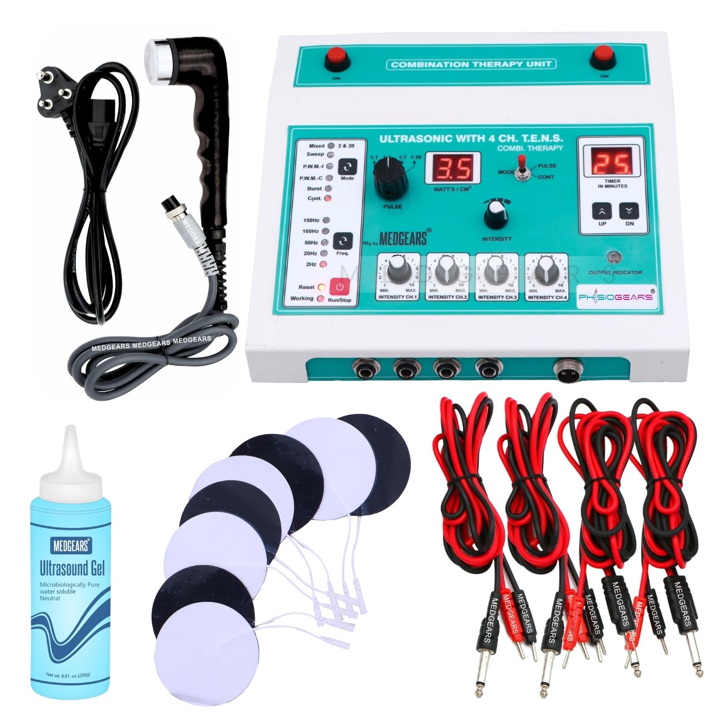 MEDGEARS 4 Channel Tens with Ultrasonic Whole_Body Physiotherapy Machine Electrotherapy Combo for All Pain Relief Massager Physiotherapy Equipment (Selfadhesive Pad), Off White