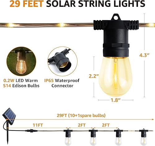 Miniatura 3 de Tira de luces solares para exteriores cables brillantes de 29 pies (11+18) alimentados por energía solar exterior IP65 impermeable colgante blanco