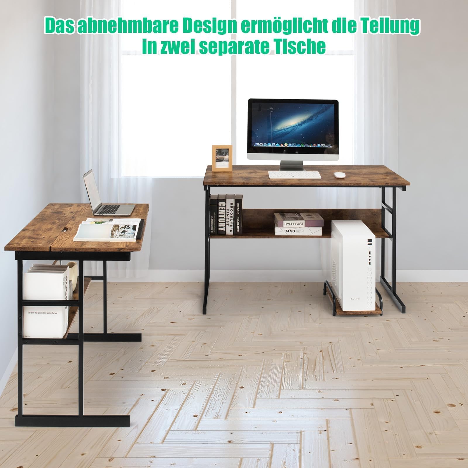 COSTWAY L-förmiger Schreibtisch, Eckschreibtisch aus Holz mit neigbarer Tischplatte, 2 Ablagen & CPU-Ständer, Computertisch für Zuhause & Büro, 170 x 150 x 75 cm (Braun)