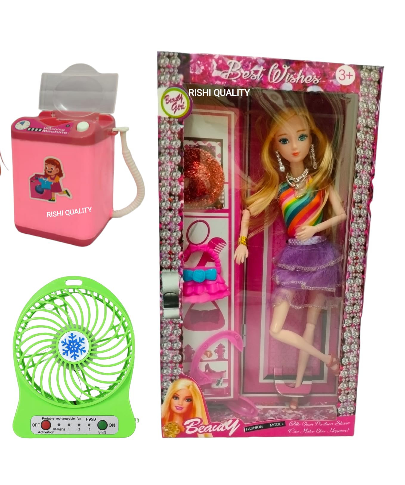 RISHI QUALITY Beautiful Doll Set Toy with Moveable Arms, Legs for Girl. Doll with Accessoires Washing Machine and Fan for Playing. Birthday, Wedding, Rakshabandhan Gift. (Doll Set with Accessoires)