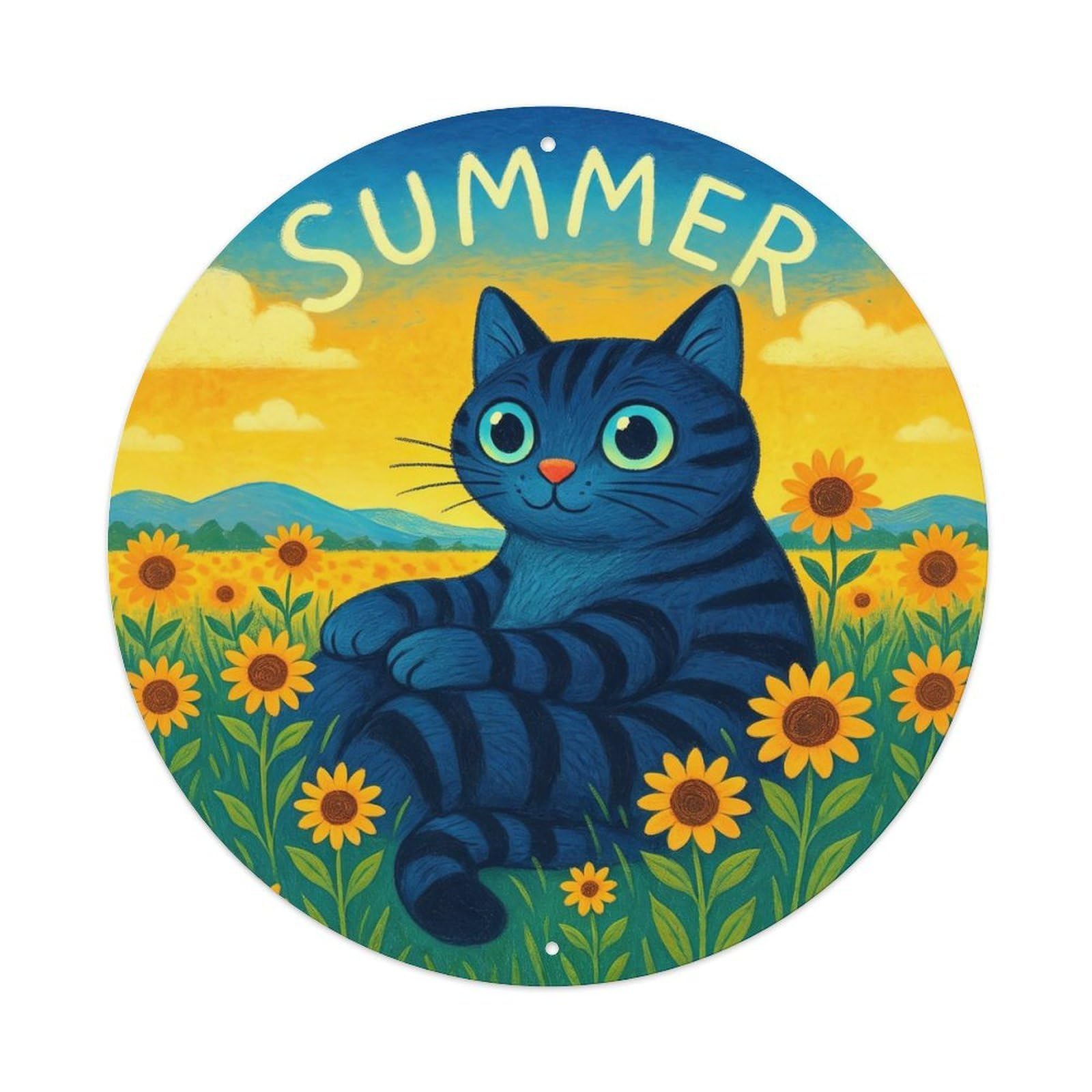 Animal Cute Tabby Cat Retro Summer Sunflower Field Metal Tin Sign Plaque Wall Decor for Cafe, Club, Garden Round Metal Poster 8x8Inch