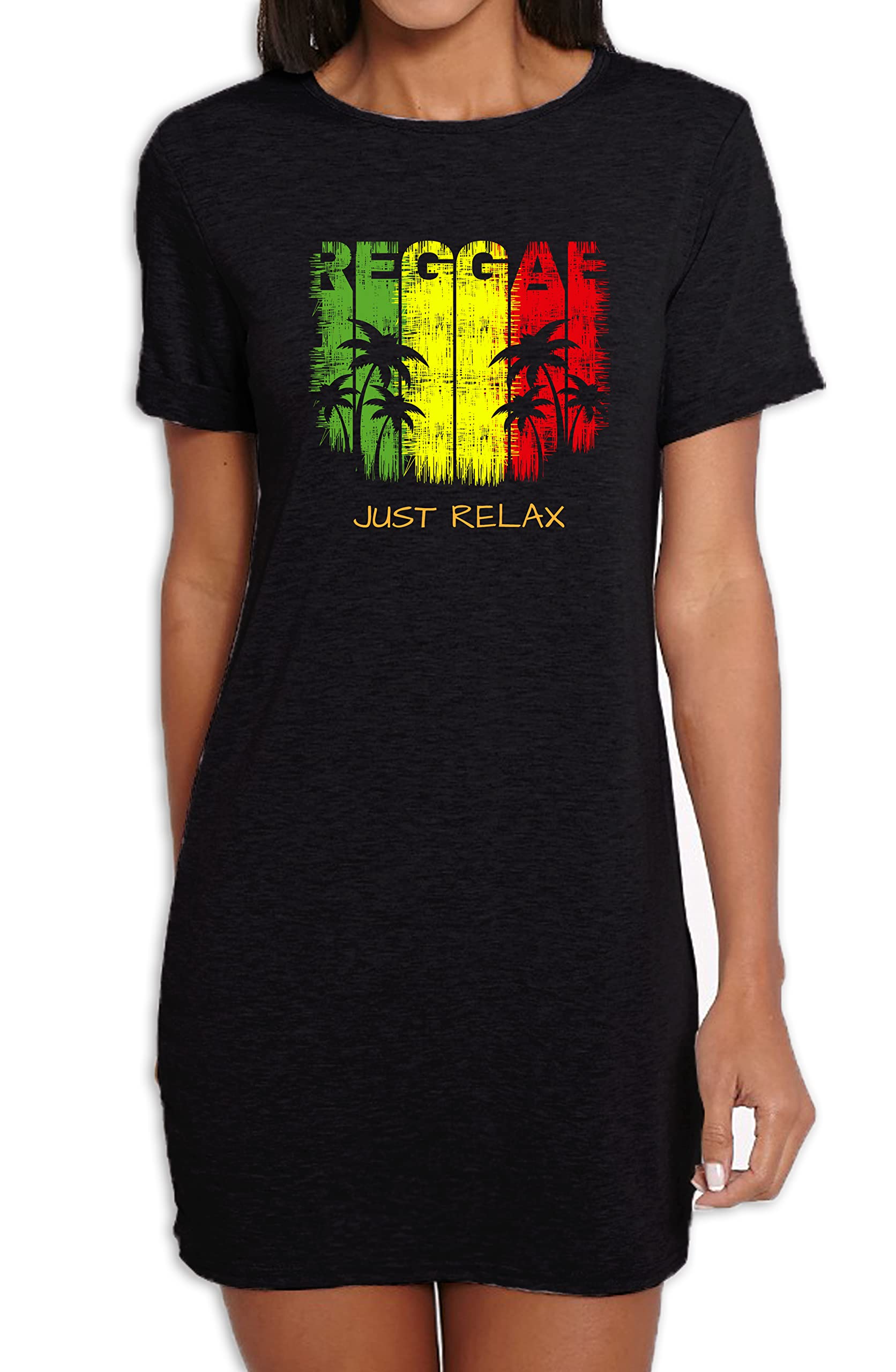 Tribal T-Shirts Reggae Just Relax Rasta Womens T-Shirt Dress (XL, Black)