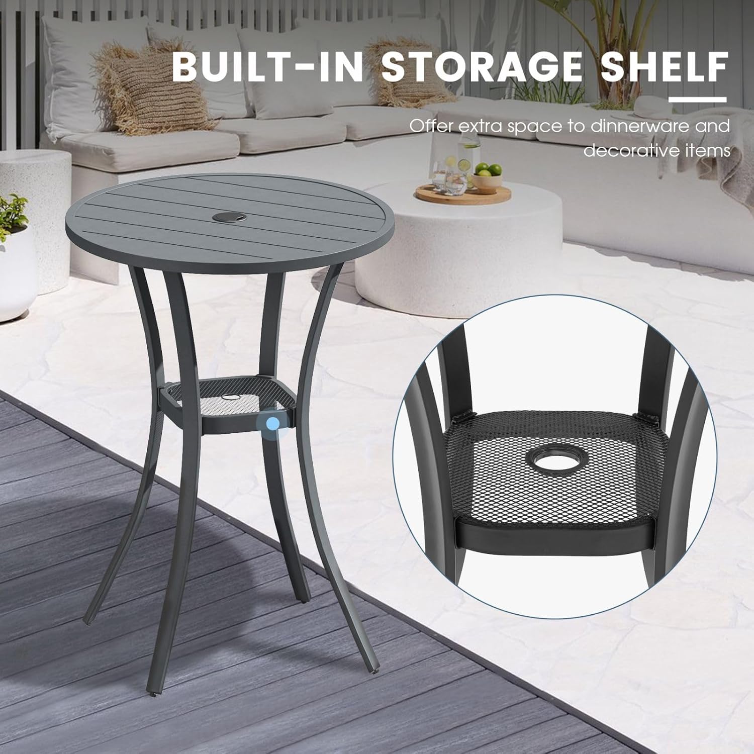 DIFY Patio Bar Height Table, Grey 28" Round Outdoor Pub Table with 1.57" Umbrella Hole for Bistro, Garden, Poolside and Balcony