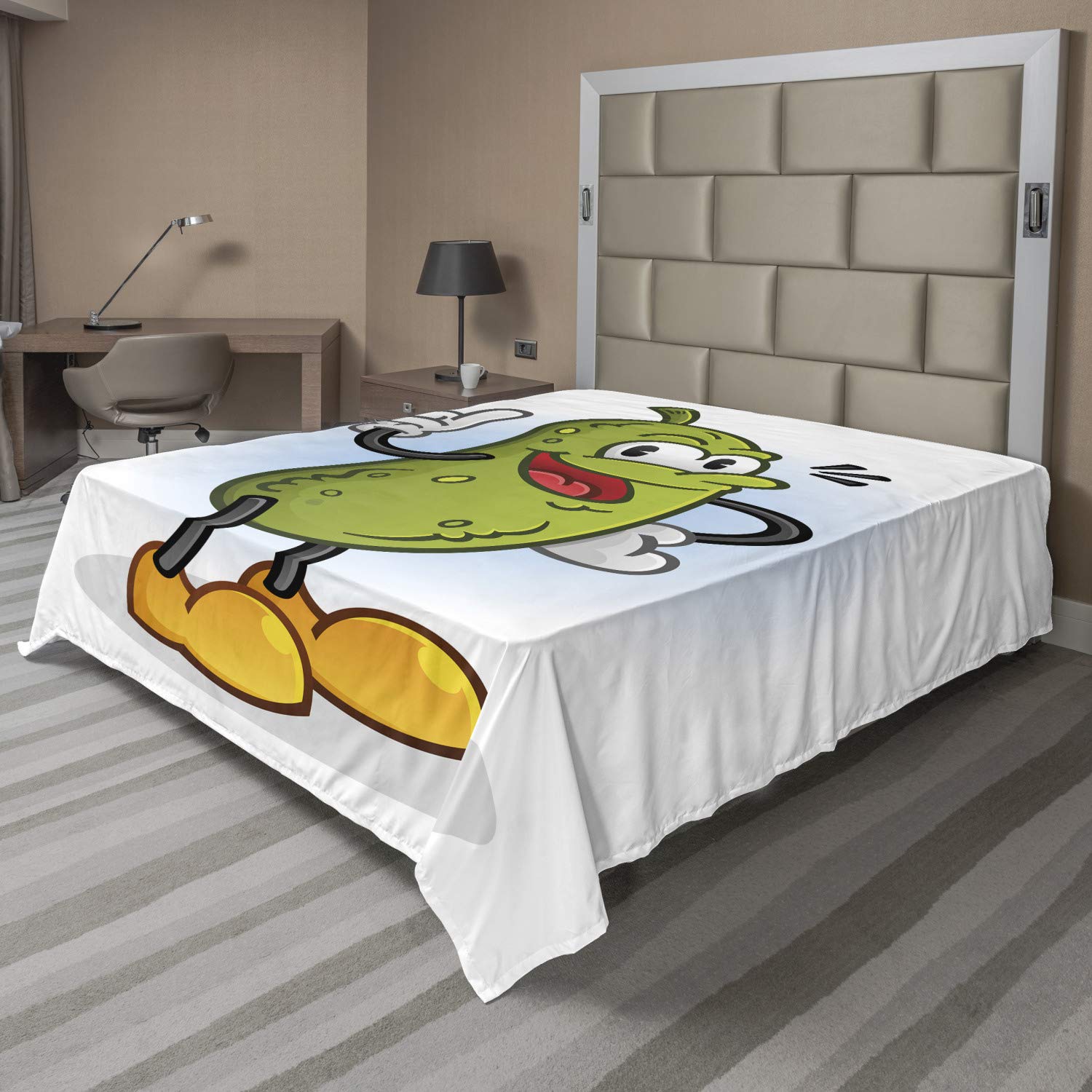 Lunarable Cartoon Flat Sheet, Retro Style Art Humanized Pickle Design Smiling and Pointing Wisely, Soft Comfortable Top Sheet Decorative Bedding 1 Piece, California King, White and Apple Green