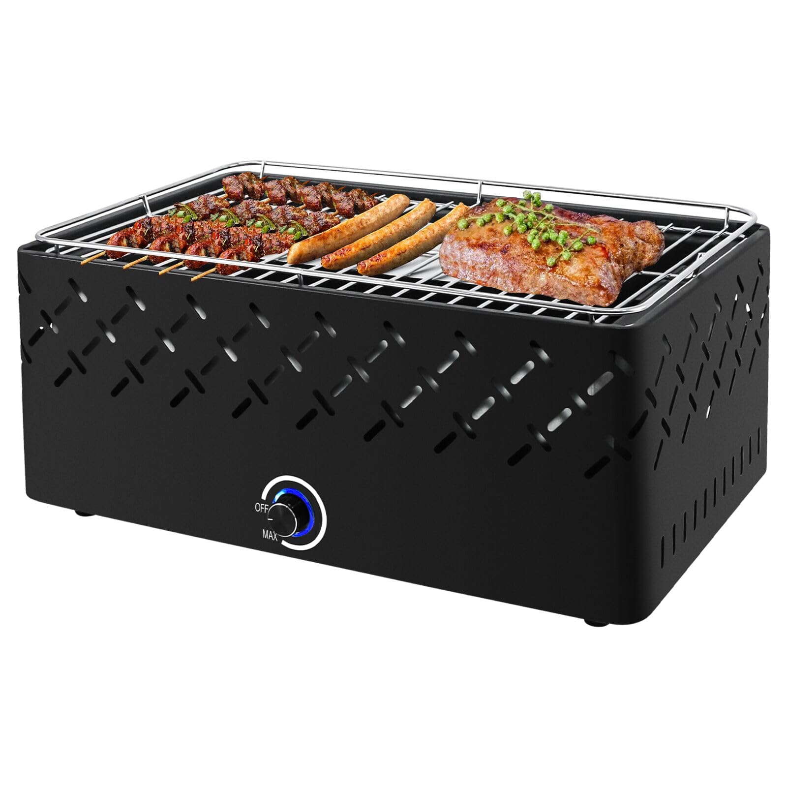 Kisidus rauchfreier Holzkohlegrill mit Lüfter für Outdoor und Indoor, perfekt für Campingsgrillen, 45,5 x 28 cm Schwarze