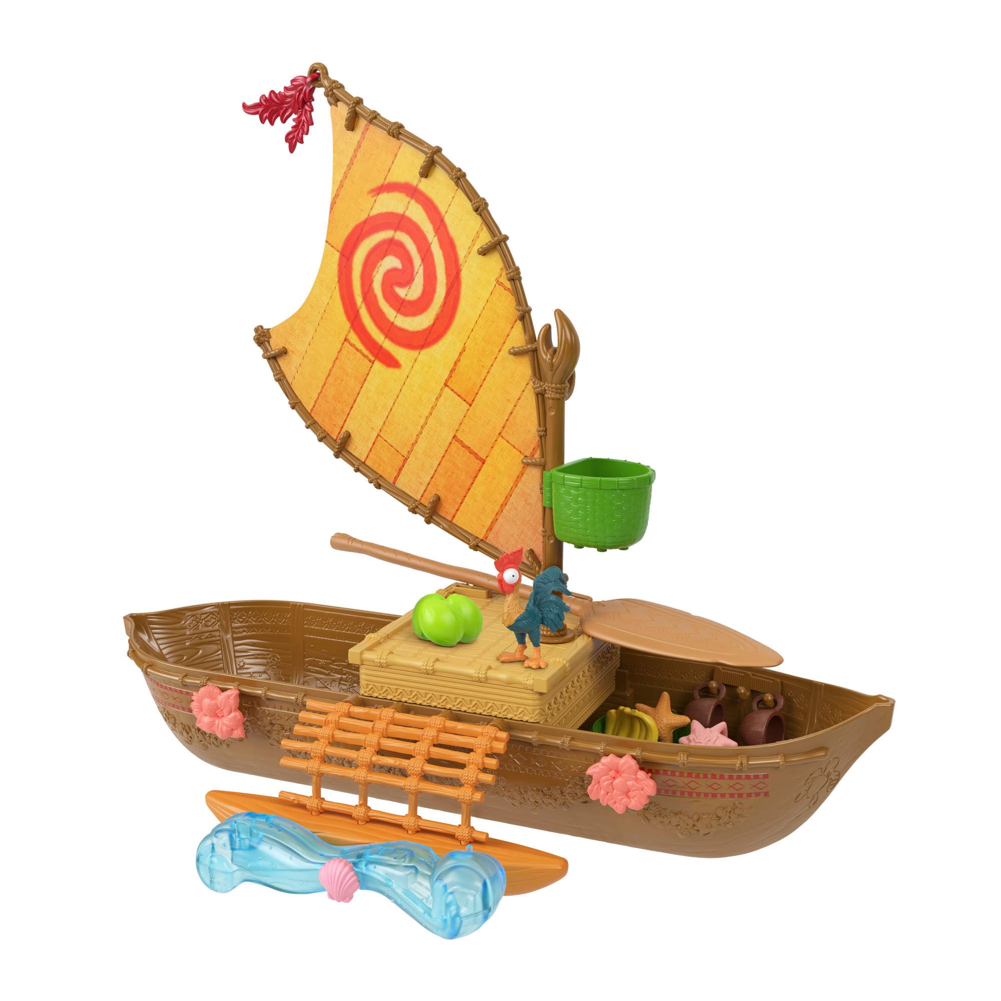 Mattel Disney Moana Ocean Voyager Canoa Floating Boat Playset | 5 aree di gioco, 9 accessori, Heihei Animal Figure & Seesaw, ispirato al film Disney