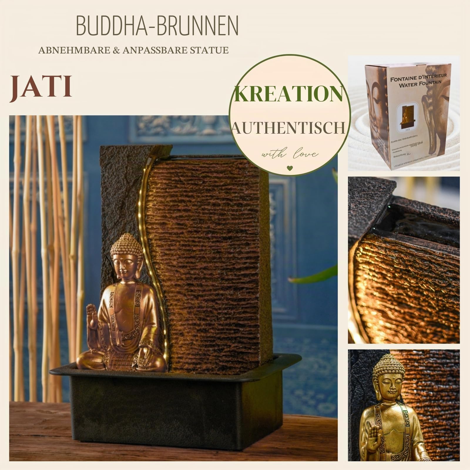 Zen'Light - Zimmerbrunnen Buddha Jati abnehmbar mit gelbem LED-Band - Zen-Dekor Ideal für Meditation und Entspannung - Leise Wasserpumpe - Glücksbrunnen mit geschlossenem Kreislauf - H 40cm