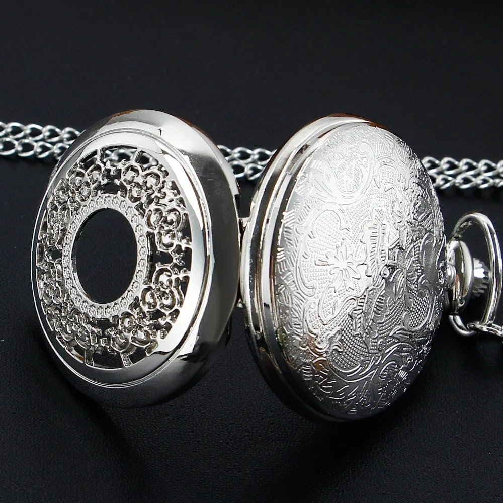 Reloj de Bolsillo Cuarzo con diseño Hueco Plata, Cadena Antigua Moda Vintage, Colgante, Temporizador, Regalo
