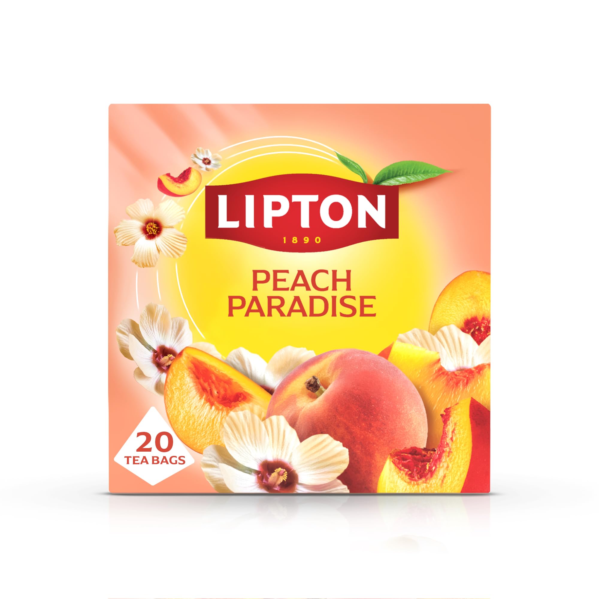 Lipton Peach Paradise Fruit Infusion Herbal Tea Bags - Peach & White Hibiscus, 20 Plant-Based Pyramid Bags, Caffeine-Free, Natural Flavours.