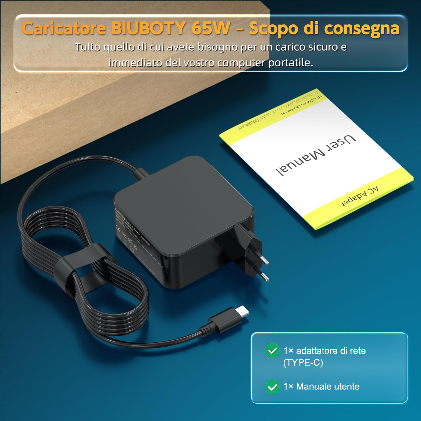 BIUBOTY Alimentatore USB C 65W 20V 3.25A Compatible con Macbook Pro/Air, HUAWEI Matebook, Lenovo Thinkpad Yoga, Xiaomi Air, HP ChromeBook, ASUS ZenBook caricatore per computer USB C