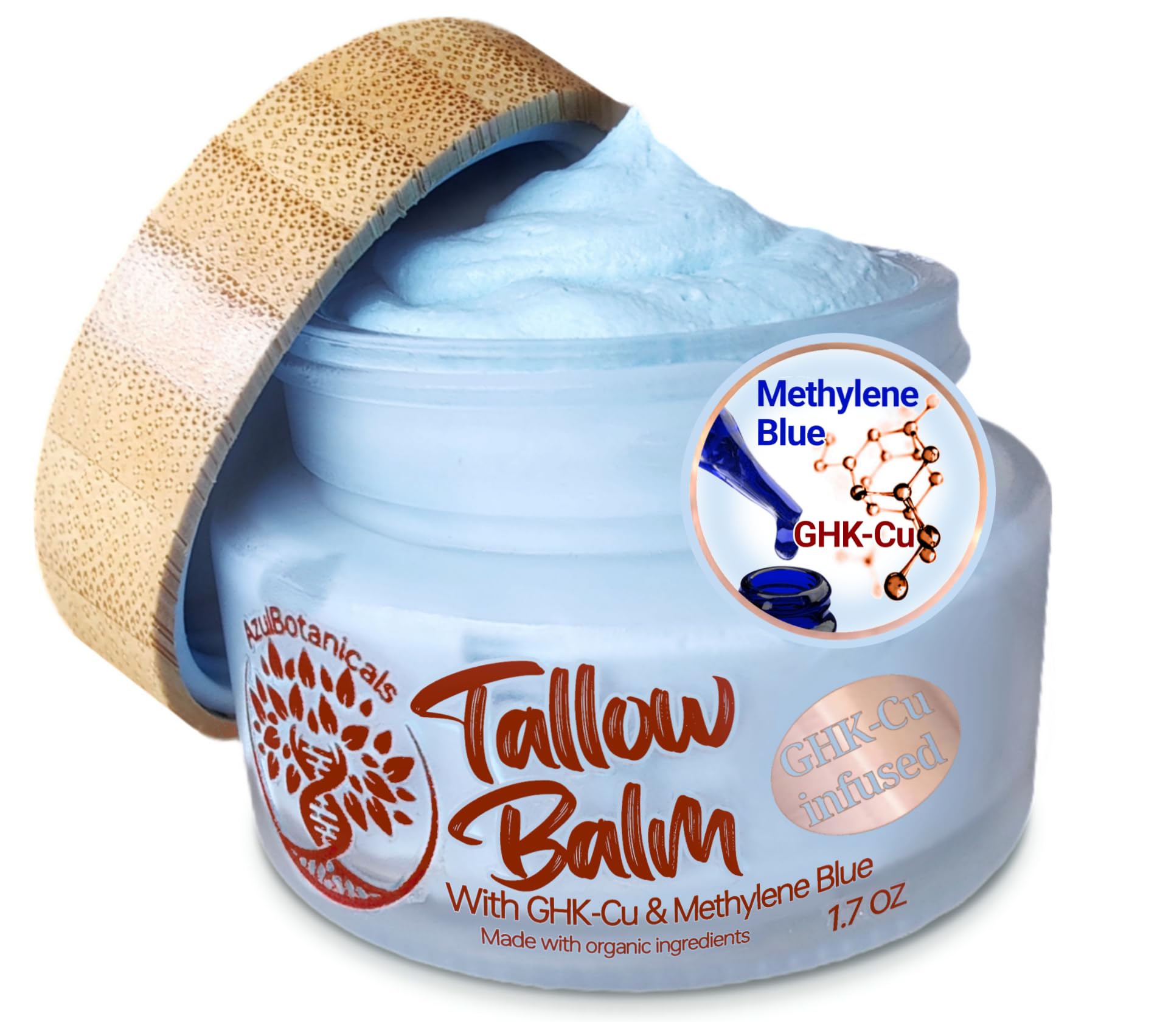 Copper Peptide (GHK-Cu) & Methylene Blue Whipped Grass Fed Beef Tallow Balm, Anti-Aging, Fine lines, Wrinkles, Eczema, Acne, Full body Moisturizer All skin types With Organic Ingredients 1.7 OZ[Amazon-developed Certification] Compact by Design