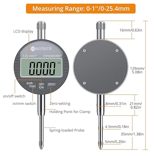 Miniatura 13 de Neoteck Indicador de dial digital y base magnética con estuche de almacenamiento de 0-1 pulgada/1.000 in, 0.0005 pulgadas/0.000 in, herramienta