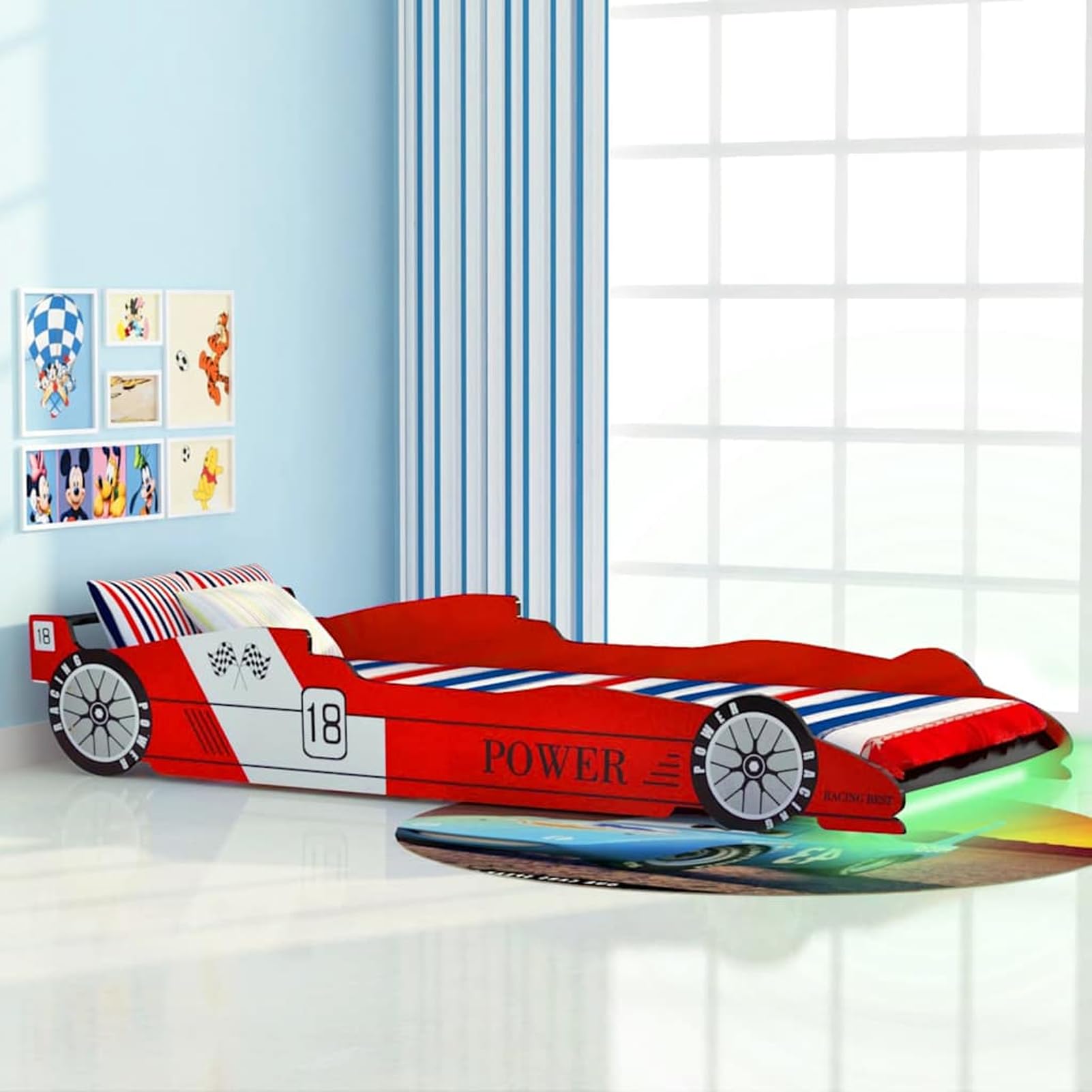 Homgoday Cama Infantil Coche Carreras LED Color RGB - 90x200 cm - Seguridad y Diseño