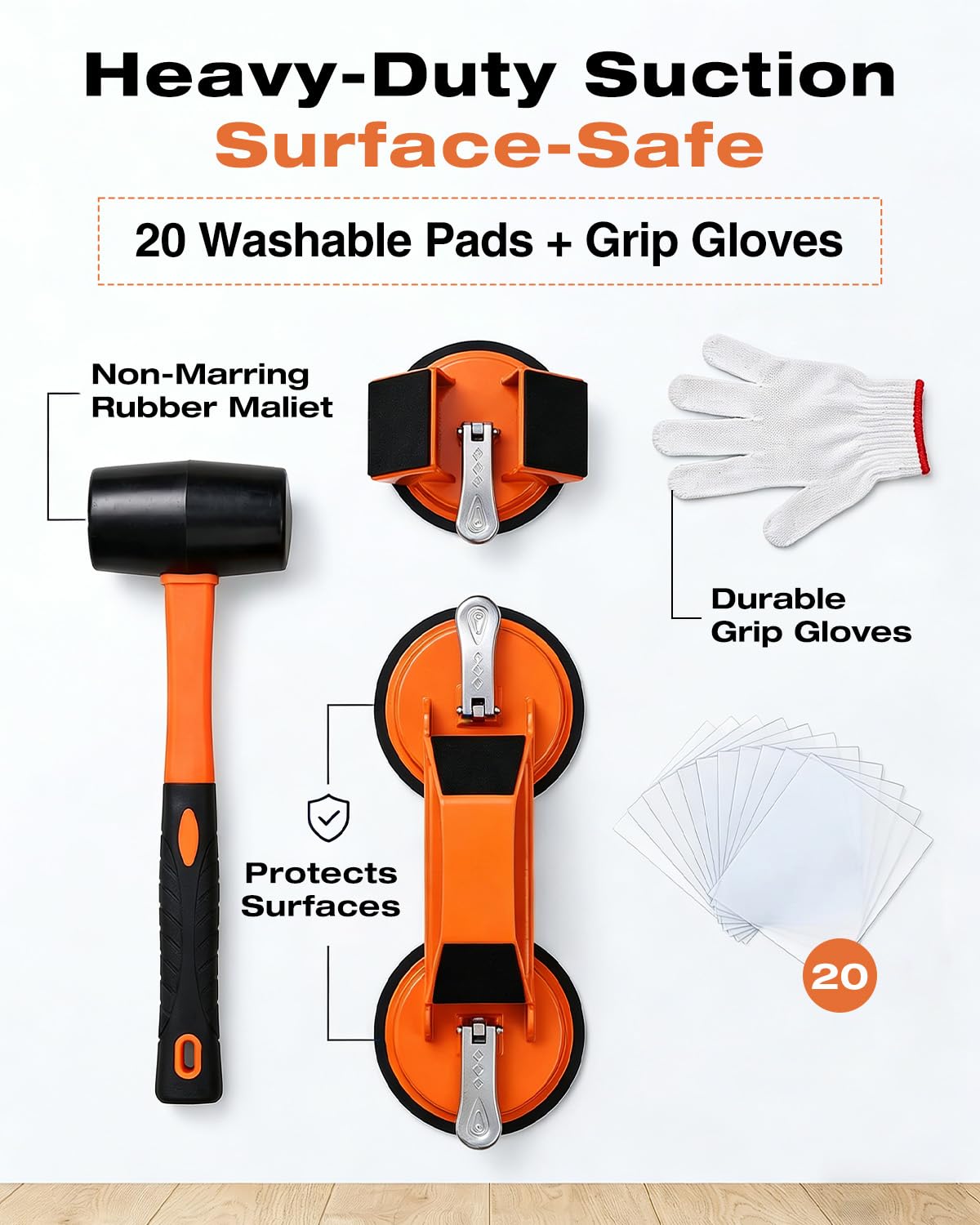 Saker Kit de herramientas y mazo para fijar huecos en el suelo, 10 almohadillas y guantes lavables, herramienta de ventosa para piso, herramientas de piso laminado para laminado liso (2 tipos de