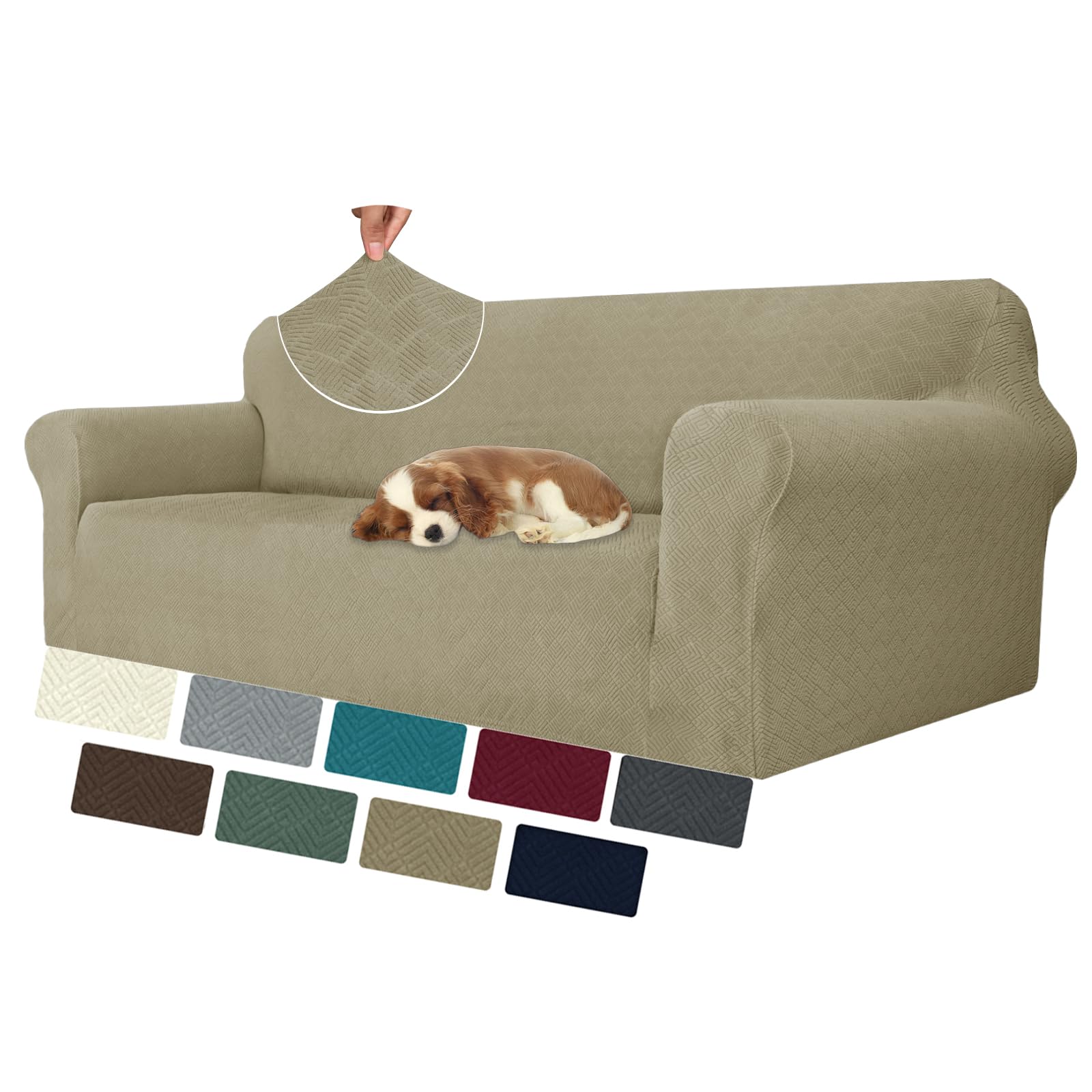 MAXIJIN Elastic 4 Seater Sofa Covers (91"-110", Universal Couch Cover With Armrests, Modern Stretch Cat Anti-Scratch Covers, Washable Non-Slip Slipcovers (Khaki, 4 Seater)