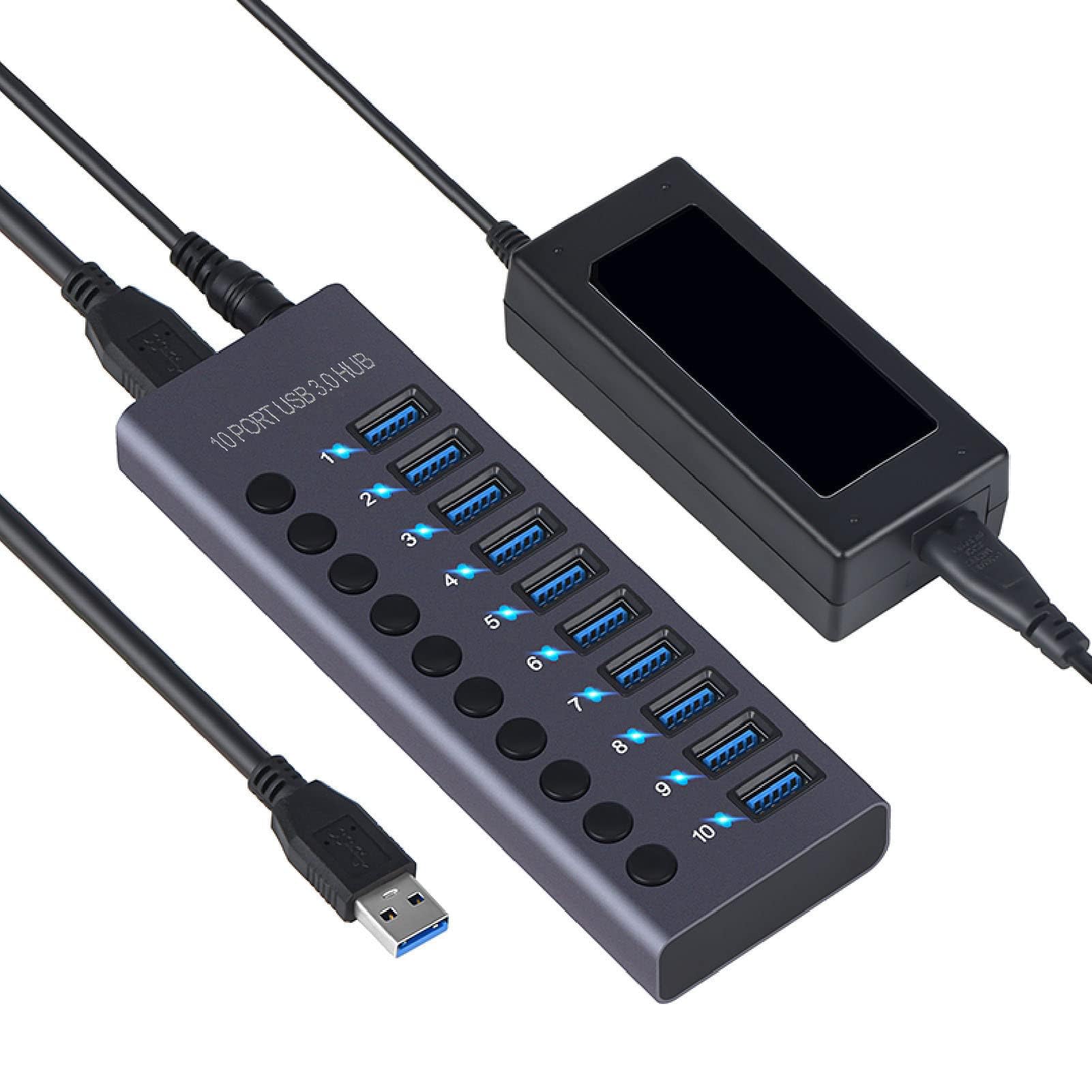 Ejoyous Hub USB 3.0 con Alimentatore, Hub USB 3.0 a 10 Porte da 60 W con Interruttore On/off e LED per Laptop Pro Air PC (Spina europea)