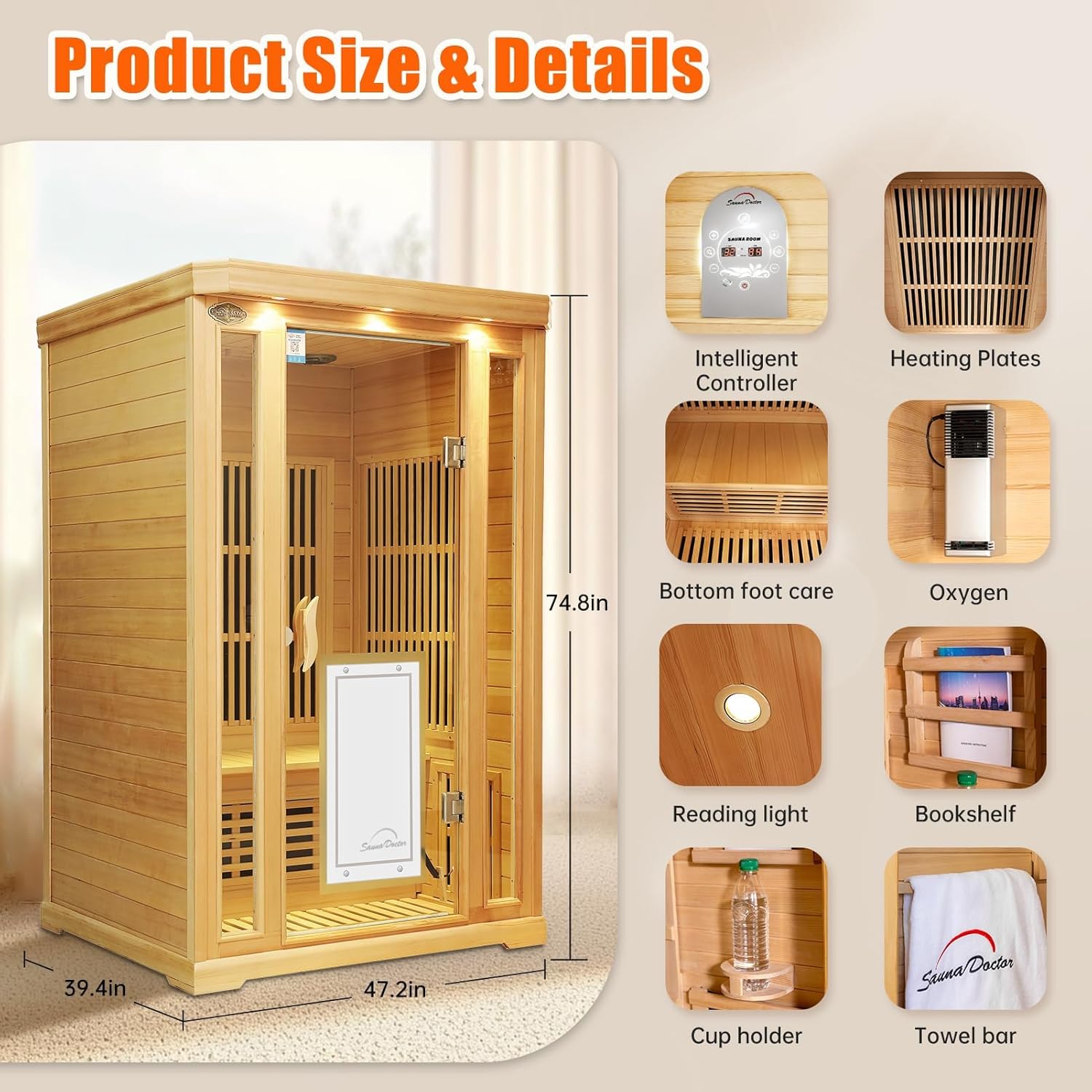 2-Person Far Infrared Sauna for Home, 2000W Flame-Retardant Graphene Heating & Low EMF, Canadian Hemlock Wood Indoor Sauna with Integrated Air Purification, Foot Massage & Bluetooth