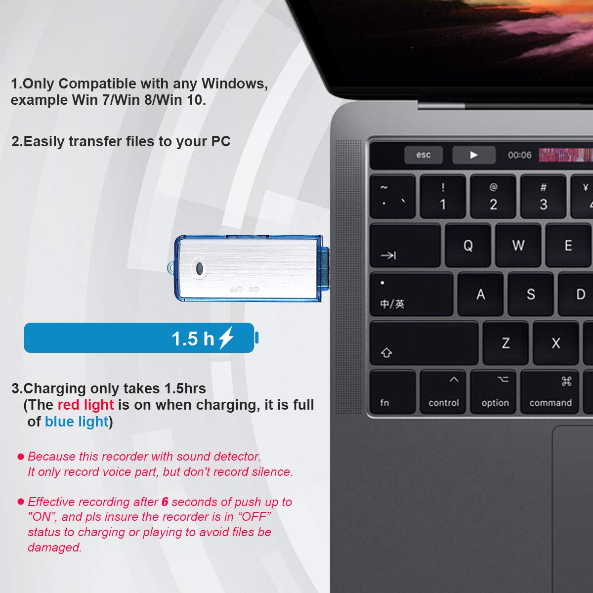 Mini Espía Grabadora de Voz,Lychee 8 GB Portatil Grabadora Activada por voz/90 Horas de Capacidad/USB Recargable/Carcasa de Metal/para Conferencias, Lecciones, Entrevistas (Azul)