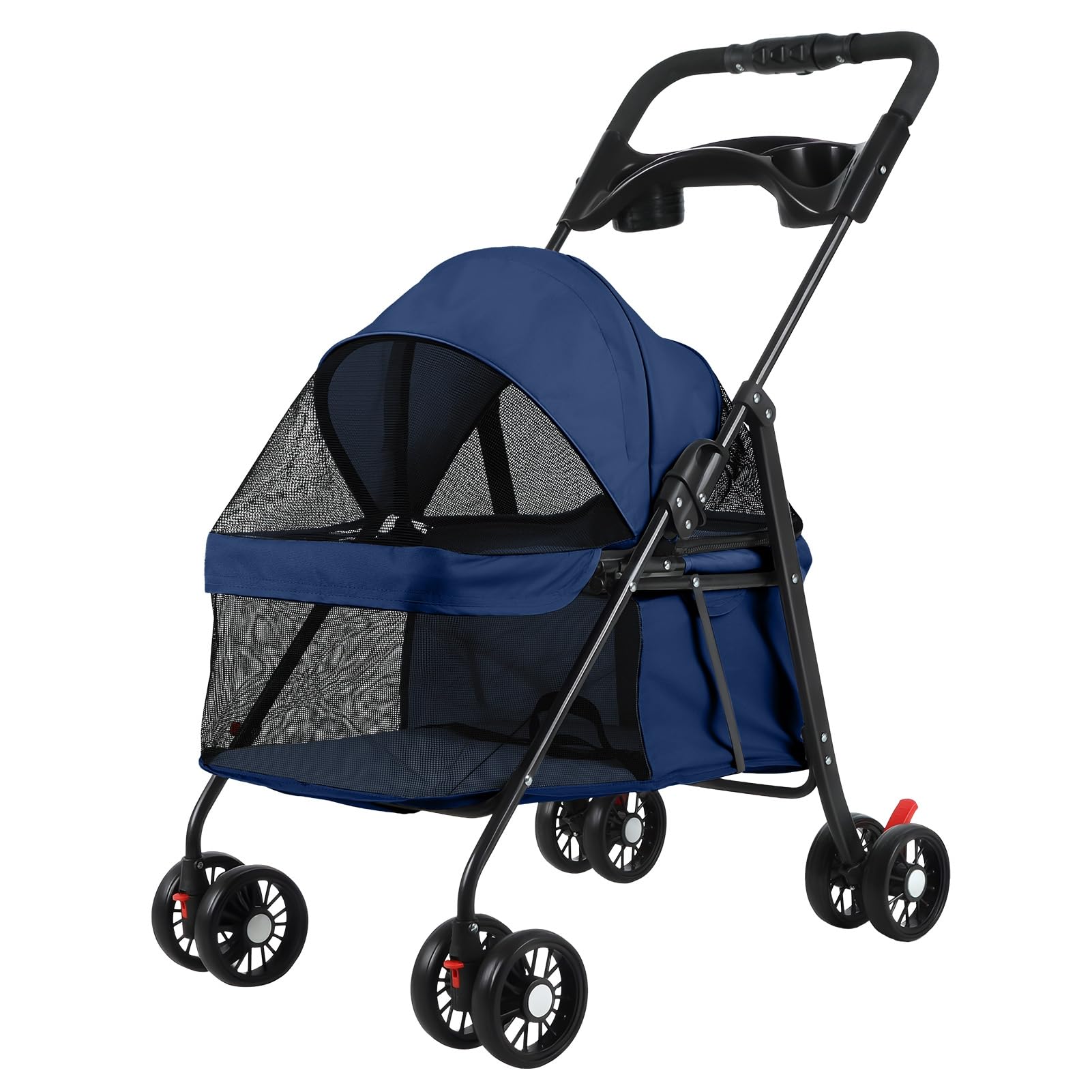 4 Wheels Pet Stroller, Portable Folding Dog Stroller with Cup Holder, Breathable Mesh Pet Cart, Lightweight Strolling Cart for Small Dogs and Cats, 7.5kg Load Capacity Blue