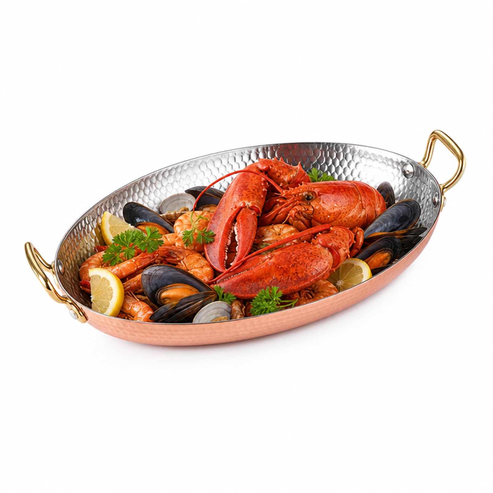 Paellera Ovalada española, de Acero Inoxidable 304, Ideal para mariscos y Langosta en Banquetes Familiares, para Preparar Langosta, arroz y para cocinar al Aire Libre,Rose Gold,40cm