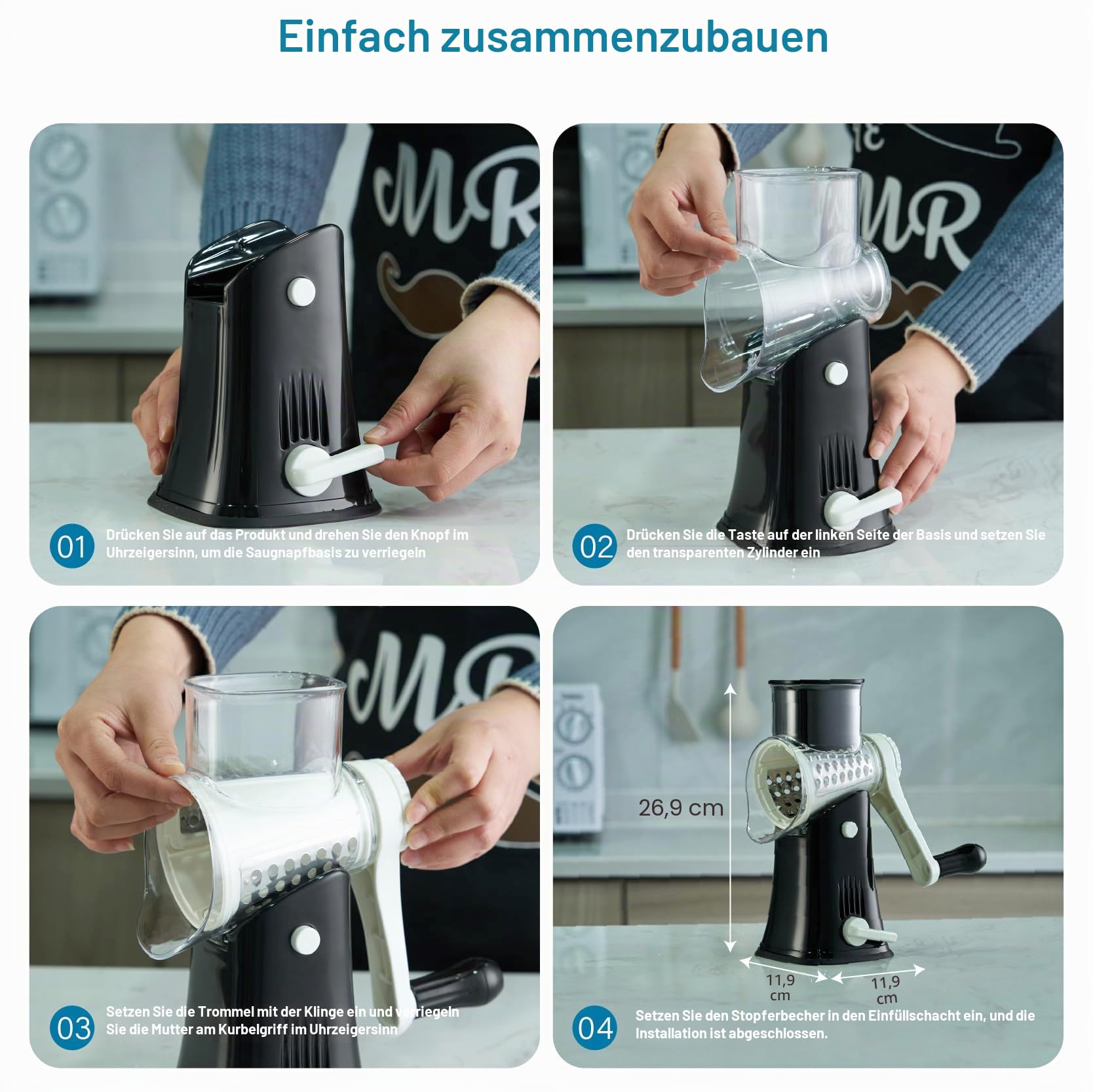 Drehbare Käsereibe Handkurbel, 5 Klingen Käsezerkleinerer, stärkere Saugkraft, leicht zu reinigen für Obst, Gemüse, Nüsse, Schwarz