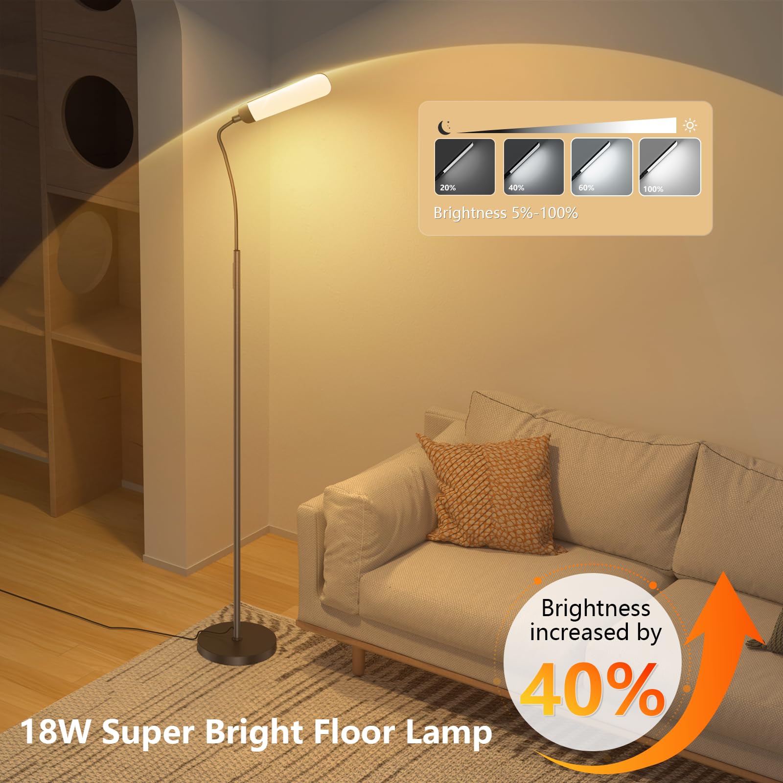 Lámpara de Pie LED Regulable 18W 1200LM con Mando y Control Táctil - 4 Temperaturas Color & 4 Niveles Brillo - Luz para Leer en Salón, Dormitorio, Oficina - Negro