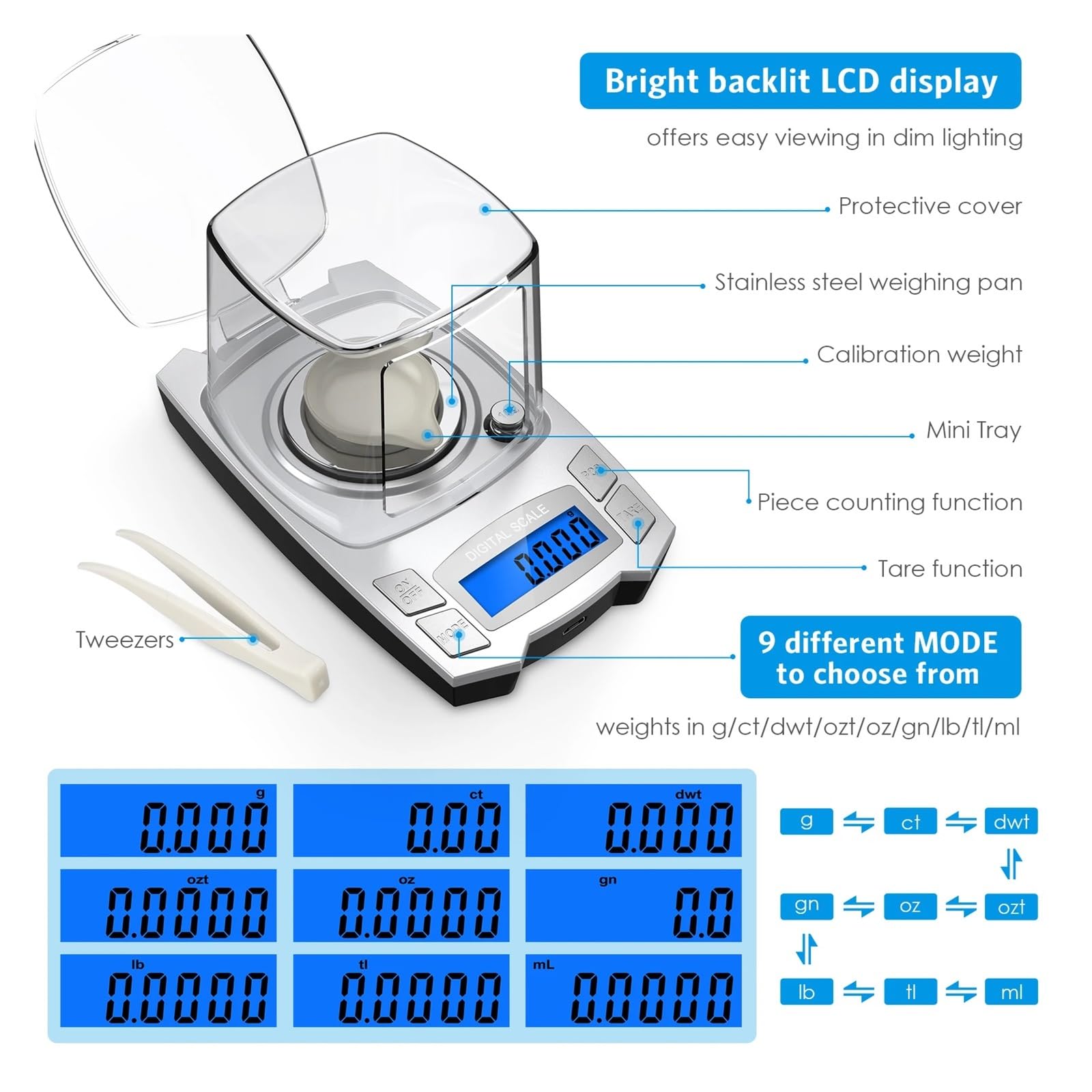 Básculas de cocina, Báscula electrónica de precisión de 0.001g, báscula de pesaje Digital con carga USB de 100g/50g, báscula portátil de peso for laboratorio, báscula de miligramos(100g)