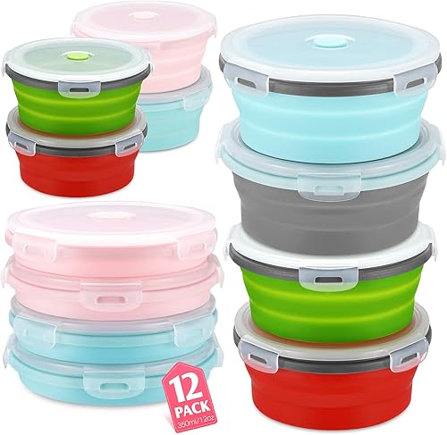 Maxdot 12 cuencos redondos plegables con tapas, recipientes de silicona para almacenamiento de alimentos, recipientes al vacío para almacenamiento