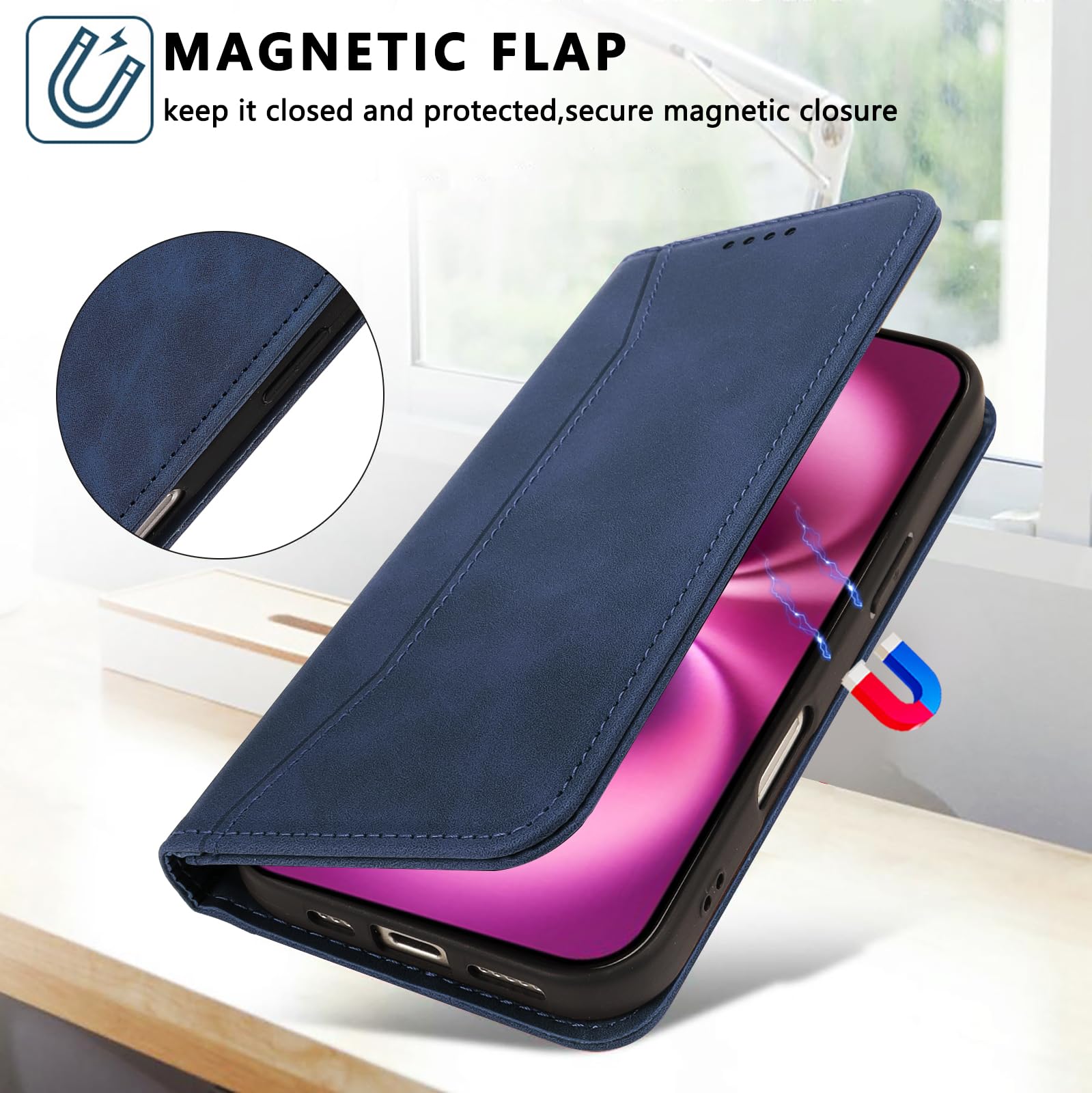 Custodia Portafoglio Magnetica Per IPhone 16 Pro: Pelle PU Con Slot Carte, Supporto E Laccetto - Blu