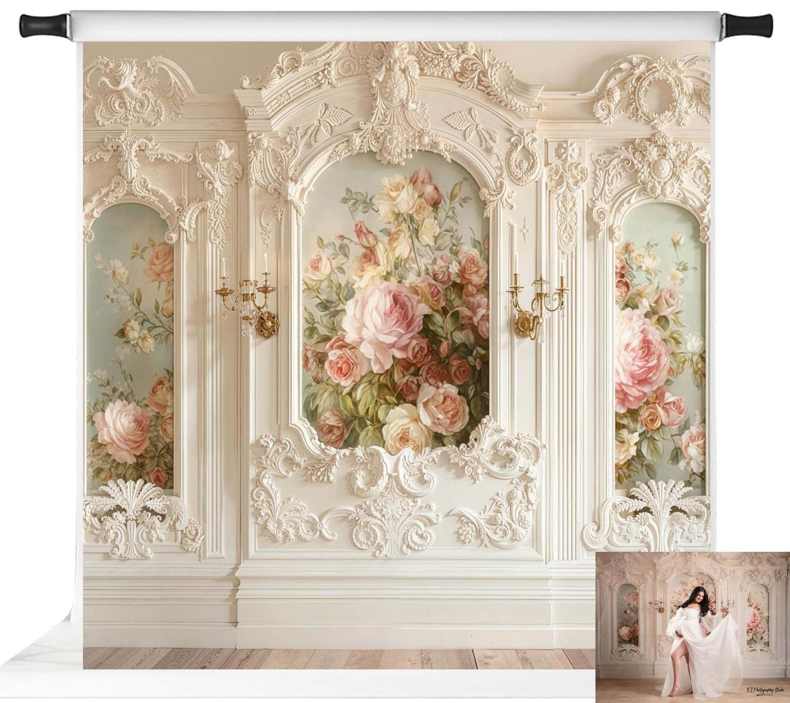 Photo 1 of Kate White Retro Wall Backdrops Classic Interior Wall with Floral Photo Backdrop Professional Portrait Studio Prop, 8x8ft