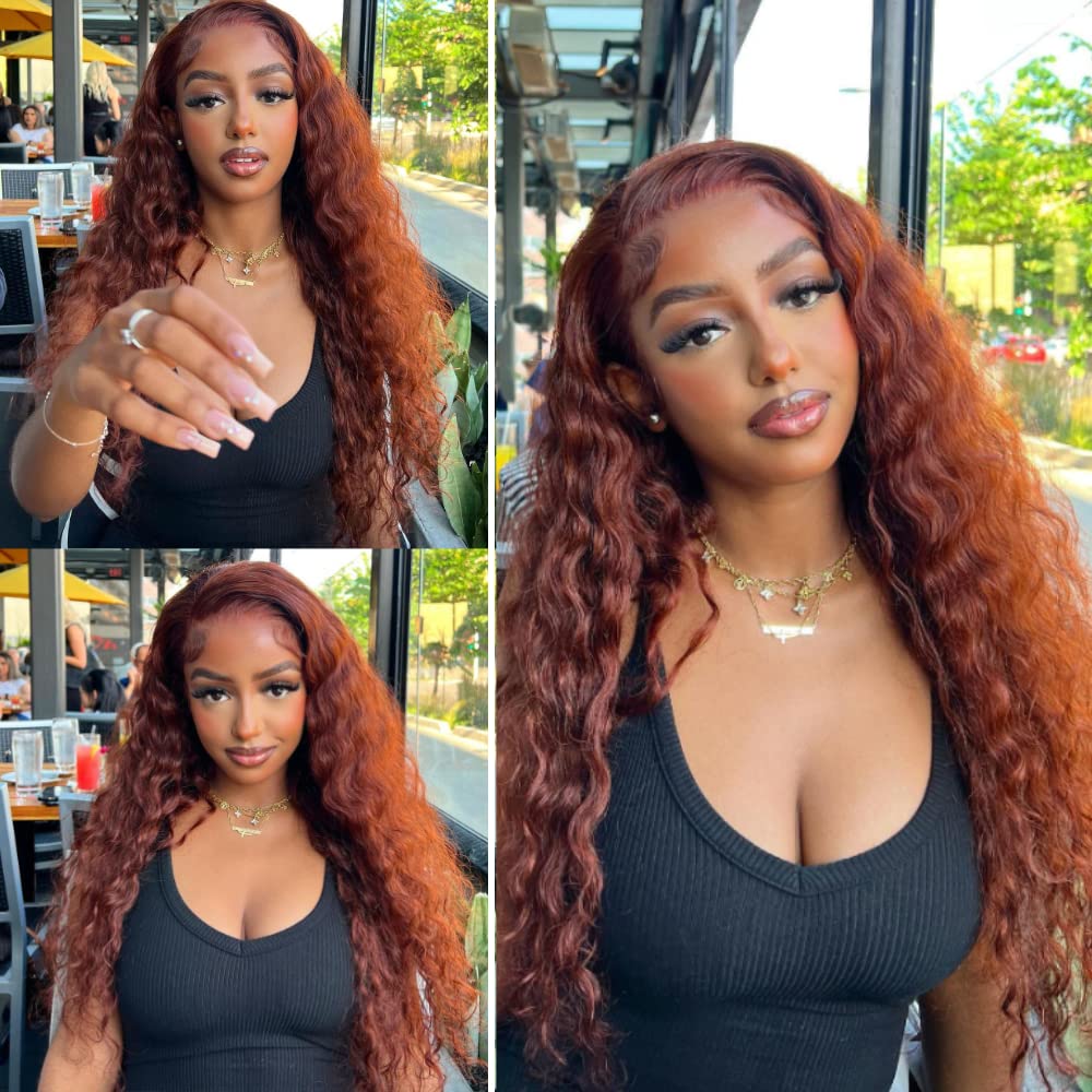 Sunber Reddish Brown Water Wave 13x4 Lace Front Wigs Human Hair Pre Plucked for Women 12A Brazilian Human Hair HD Transparent Lace Frontal Wig Auburn Copper Red 33B Color 180% Density 14 Inch