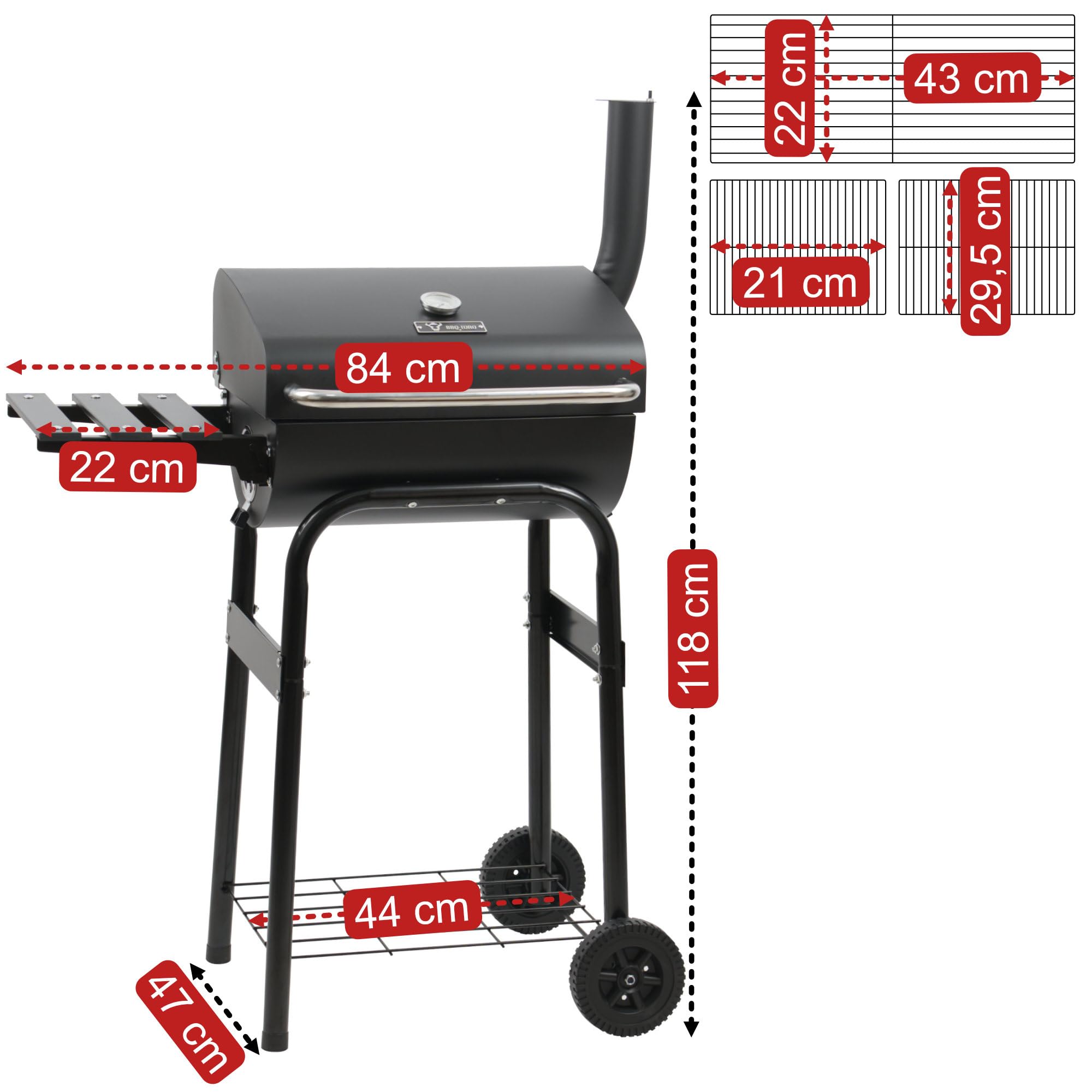 BBQ-Toro Grill na węgiel drzewny z termometrem i kominem | (szer.) 84 x (głęb.) 47 x (wys.) 118 cm | grill na kółkach na kółkach, grill na świeżym powietrzu, grill wędzarniczy, grill ogrodowy, grill