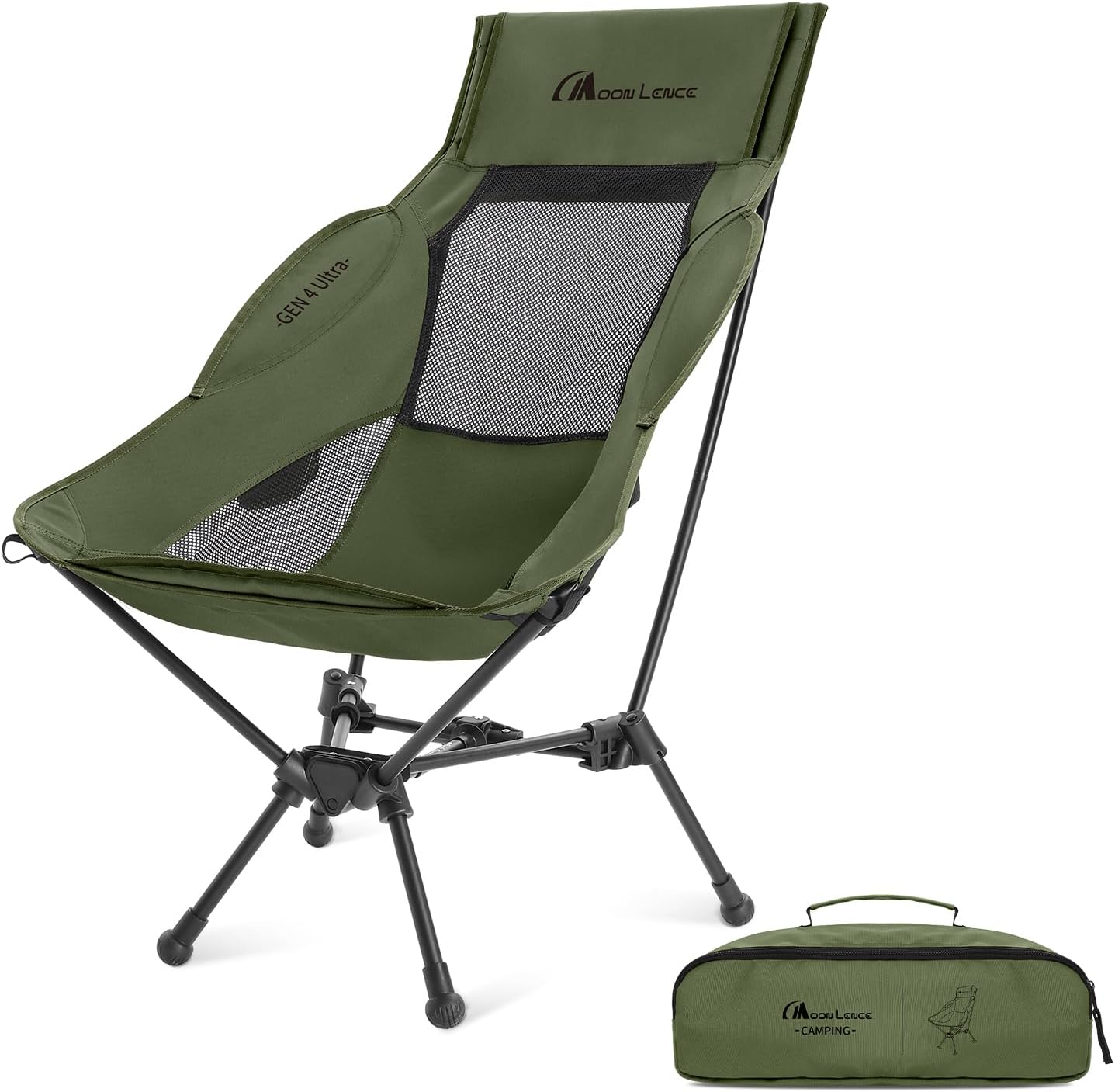MOON LENCE High Back Folding Camping Chair, 330lbs Portable Compact Chair with Wide Seat & Ergonomic Back Support (Green)